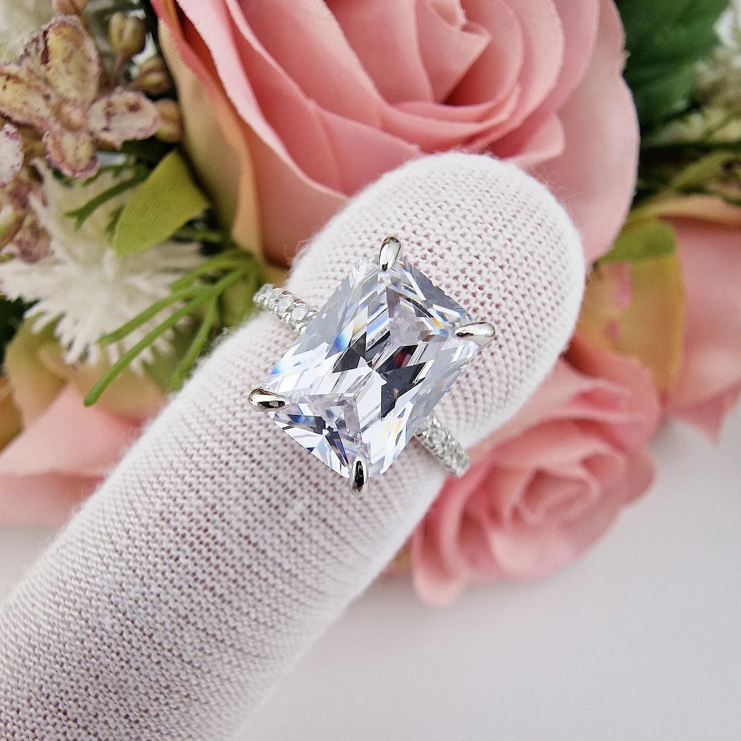 925 Sterling Silver Large Emerald Cut Cz Dress Ring