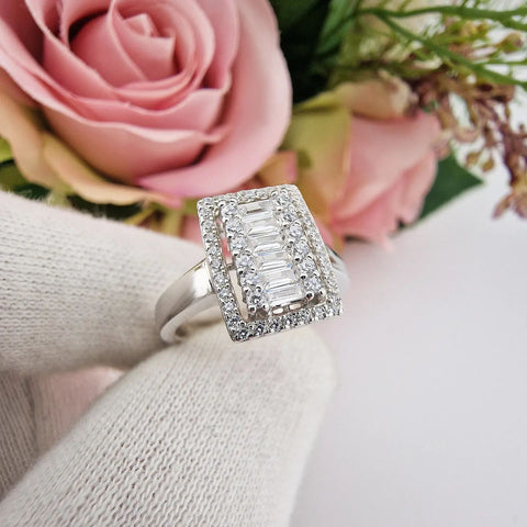 925 Sterling Silver Round & Baguette Cut Cz Halo Ring