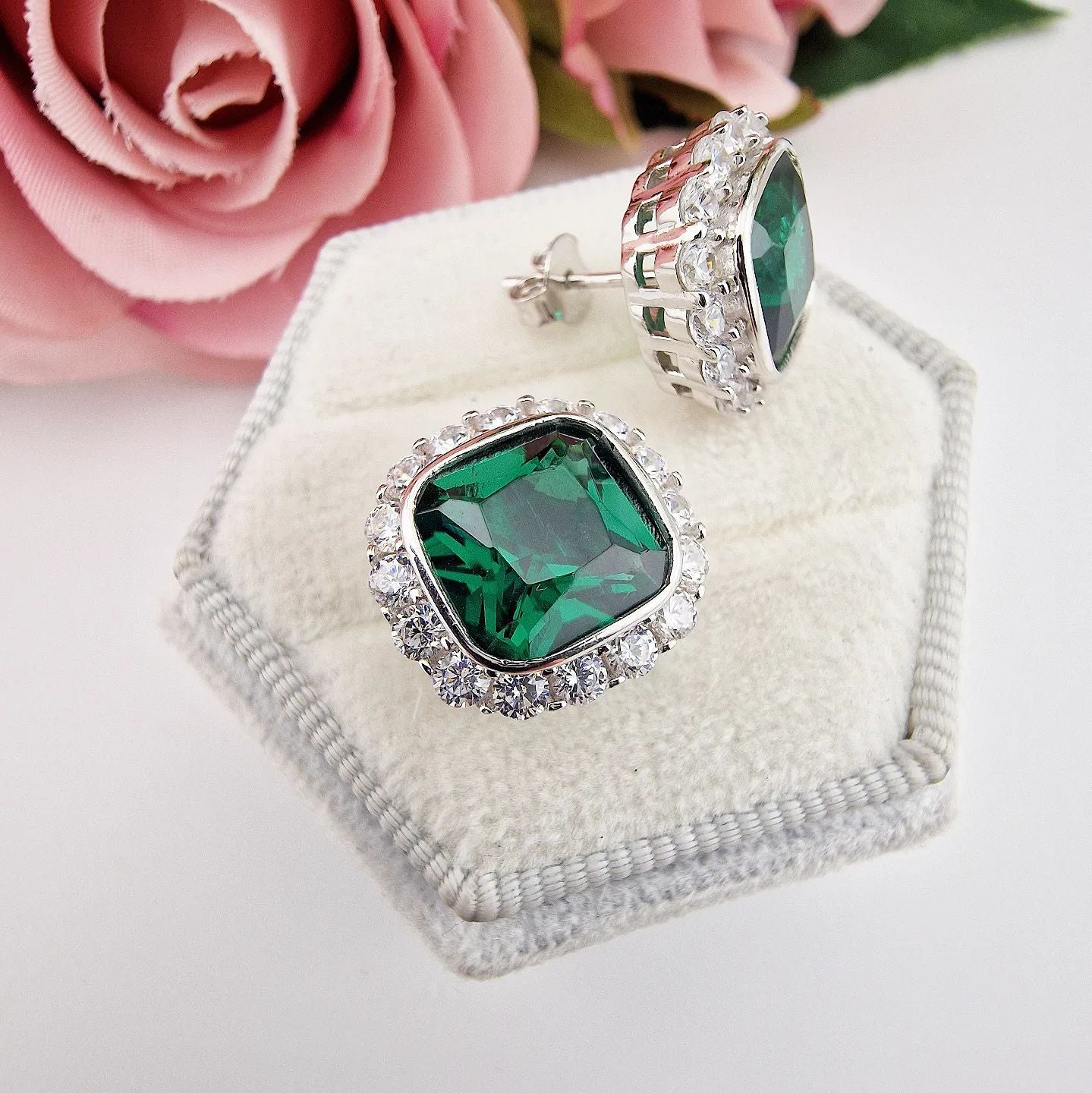 925 Sterling Silver Emerald Green Halo Cubic Zirconia Stud Earrings