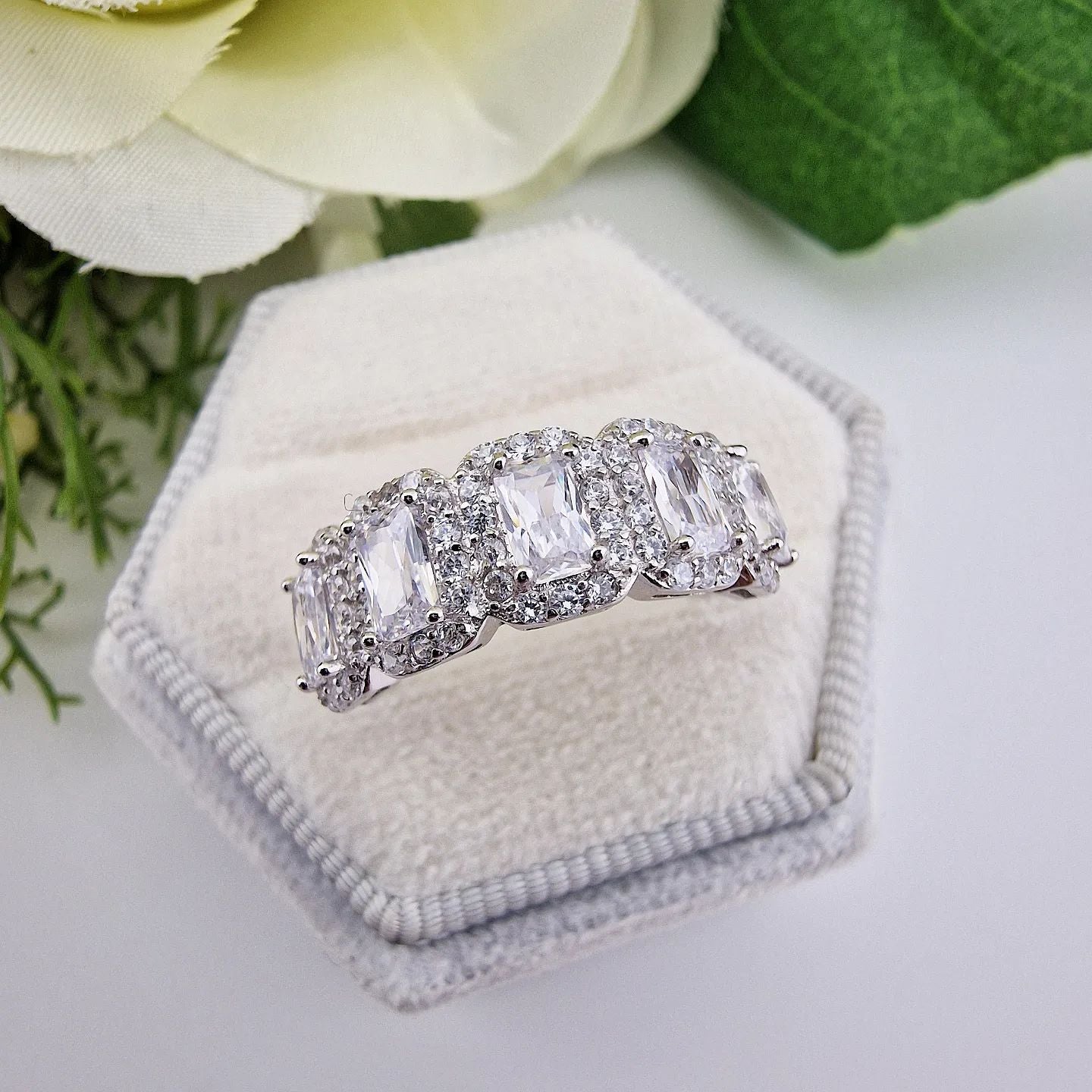 925 Sterling Silver 5 Stone Emerald Cut Eternity Ring