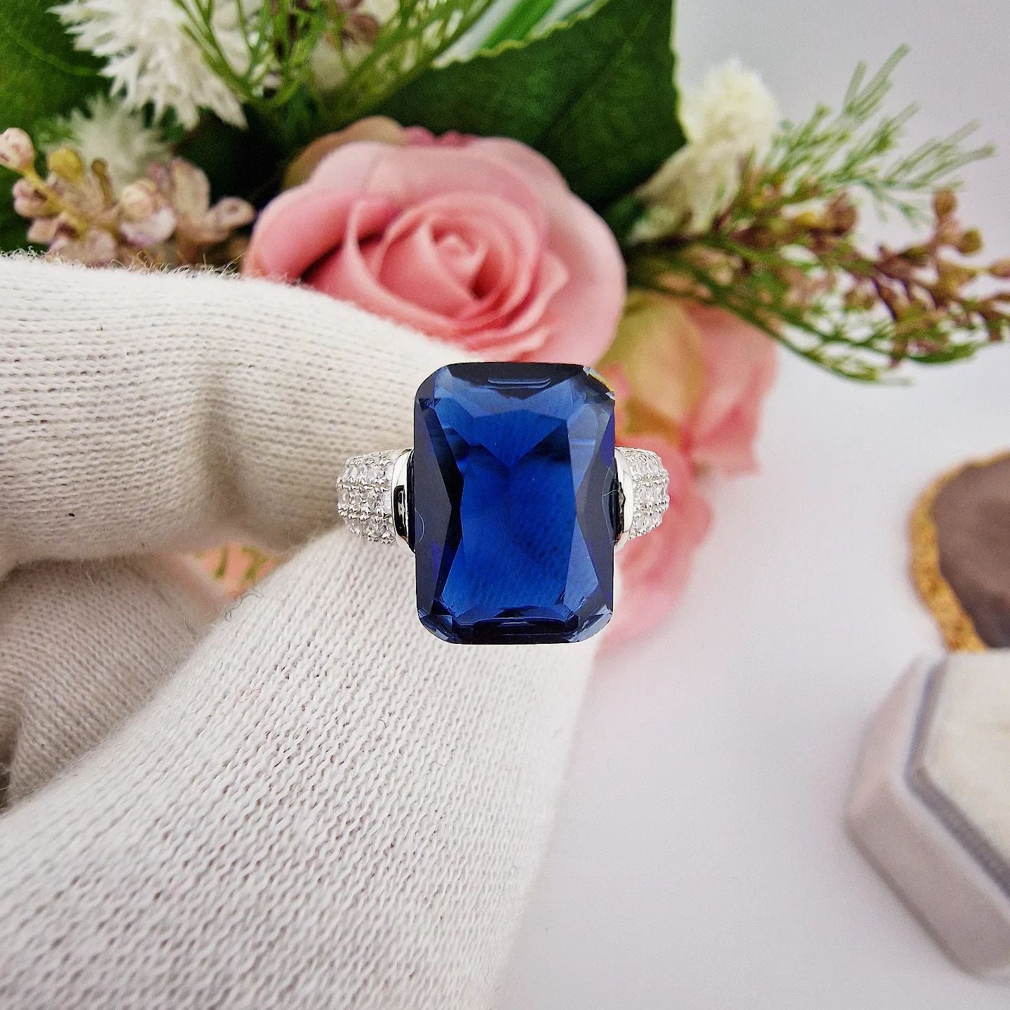 925 Sterling Silver Blue Sapphire Cubic Zirconia Emerald Cut Dress Ring