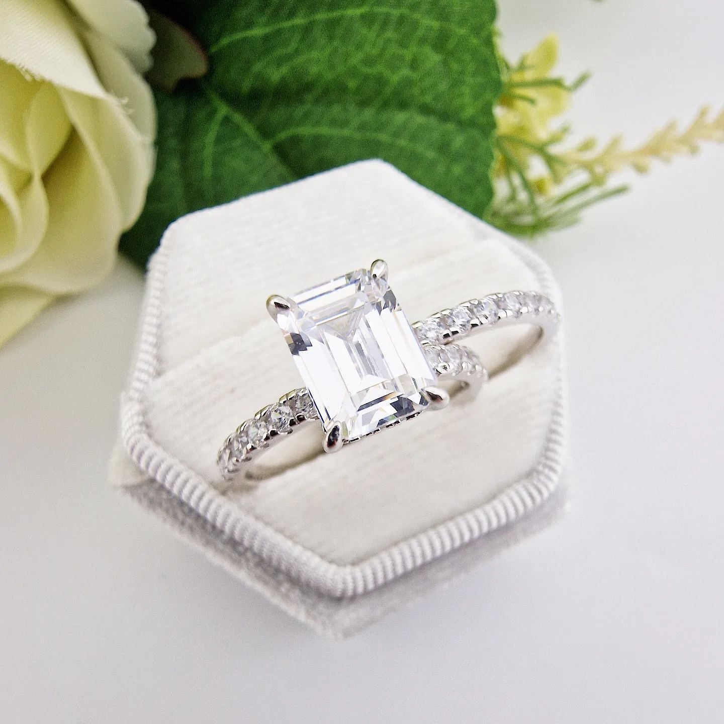 925 Sterling Silver Emerald Cut Cz Ladies Ring Set