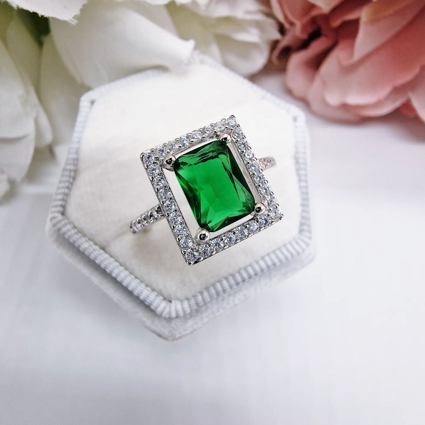 925 Sterling Silver Green Emerald Cut Cz Halo Dress Ring