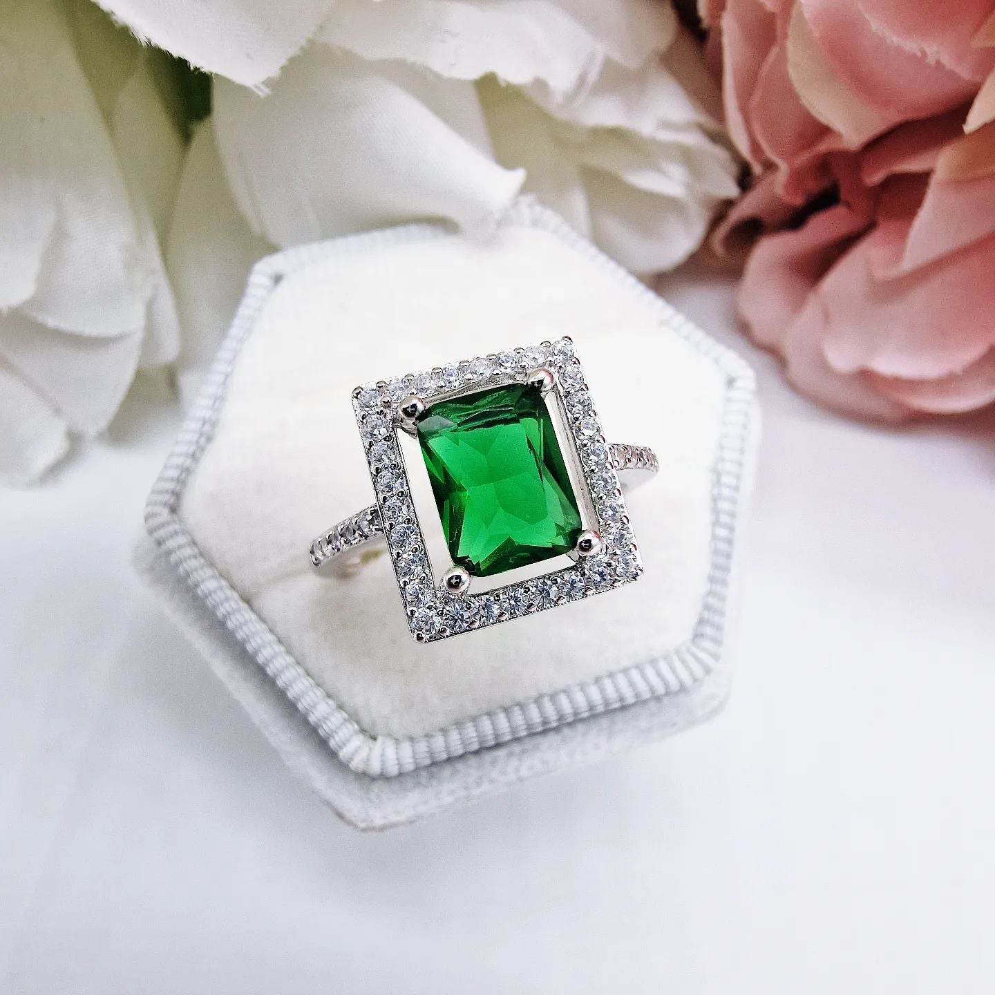 925 Sterling Silver Green Emerald Cut Cz Halo Dress Ring