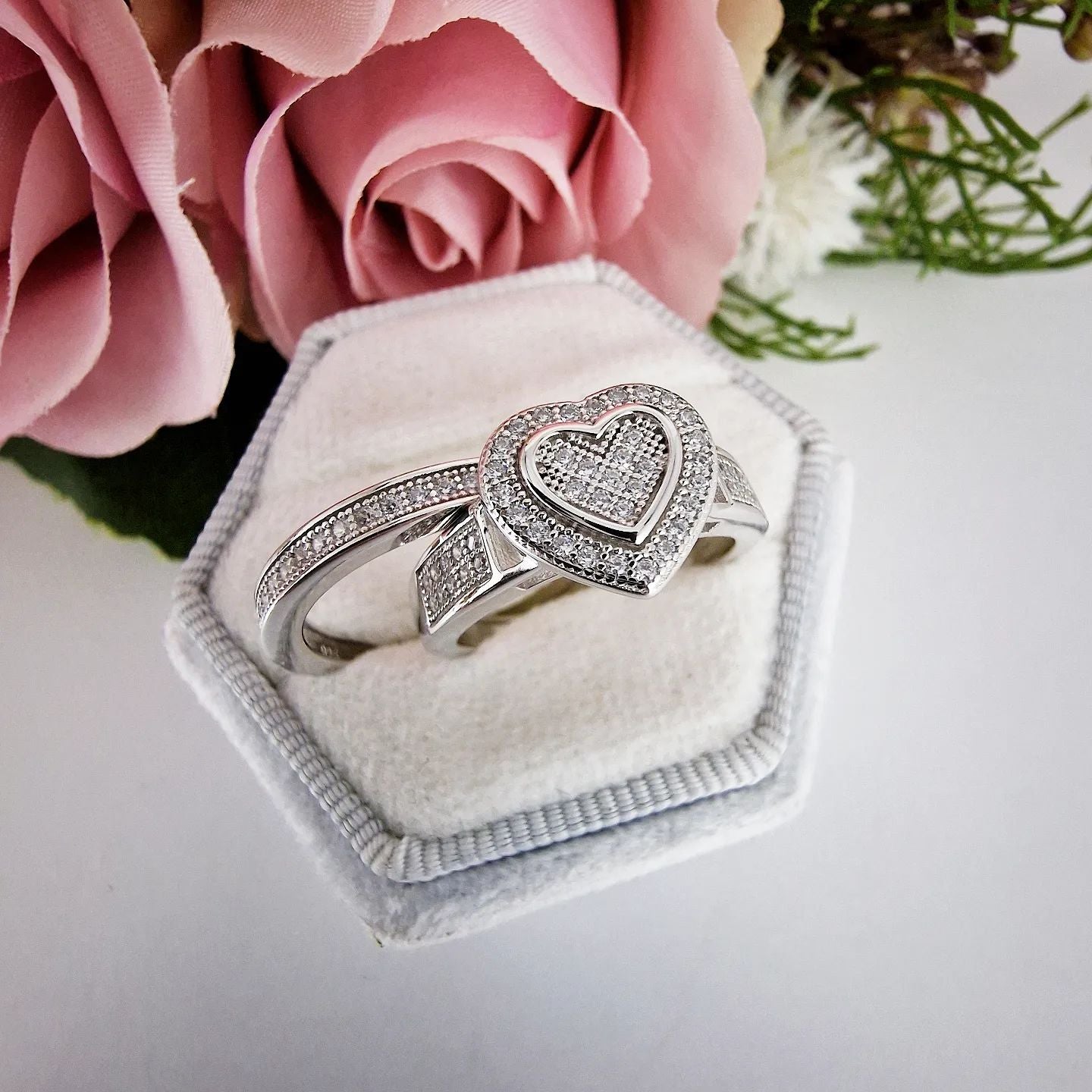 925 Sterling Silver Pave Set Cz Heart Ring & Eternity Band Set