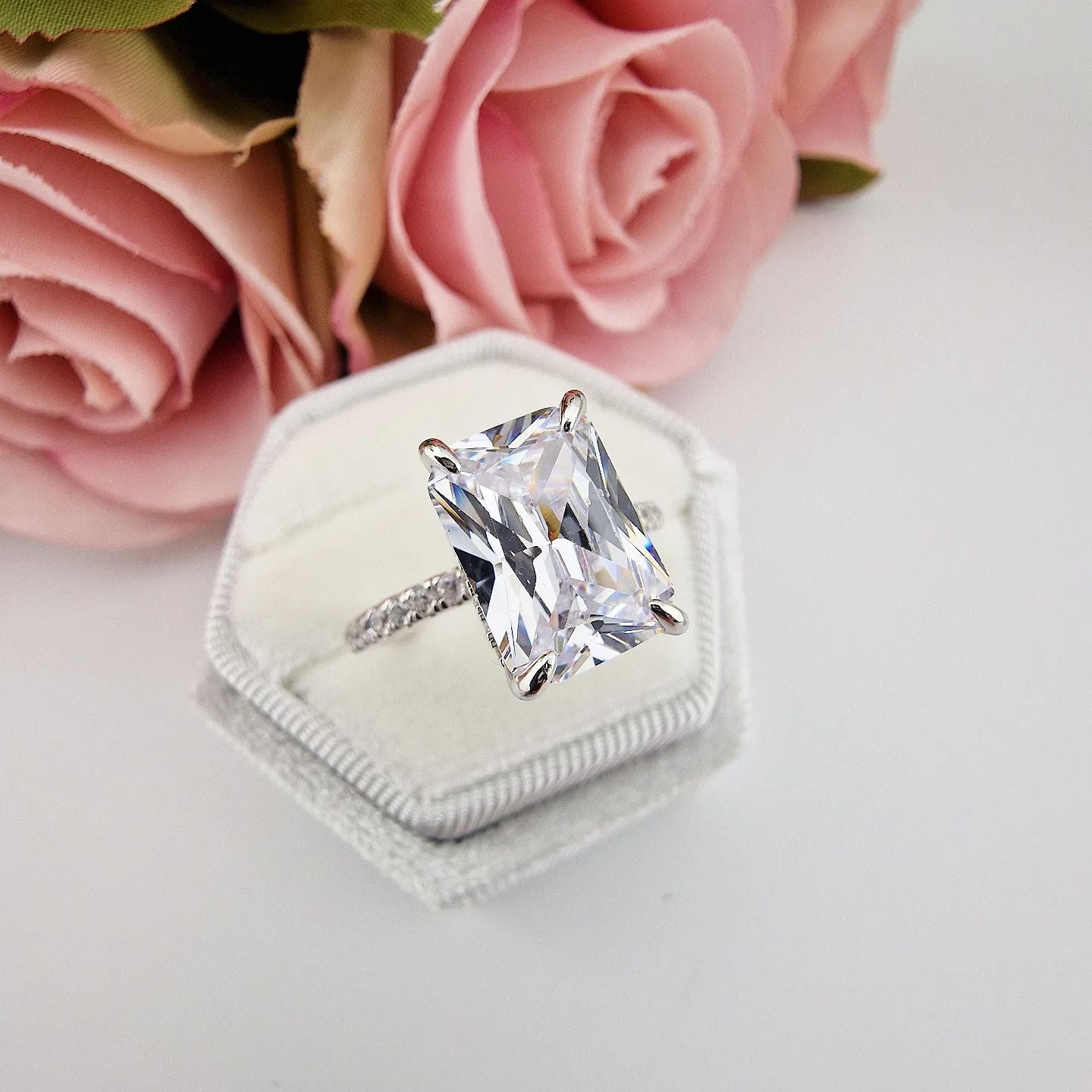 925 Sterling Silver Large Emerald Cut Cz Dress Ring