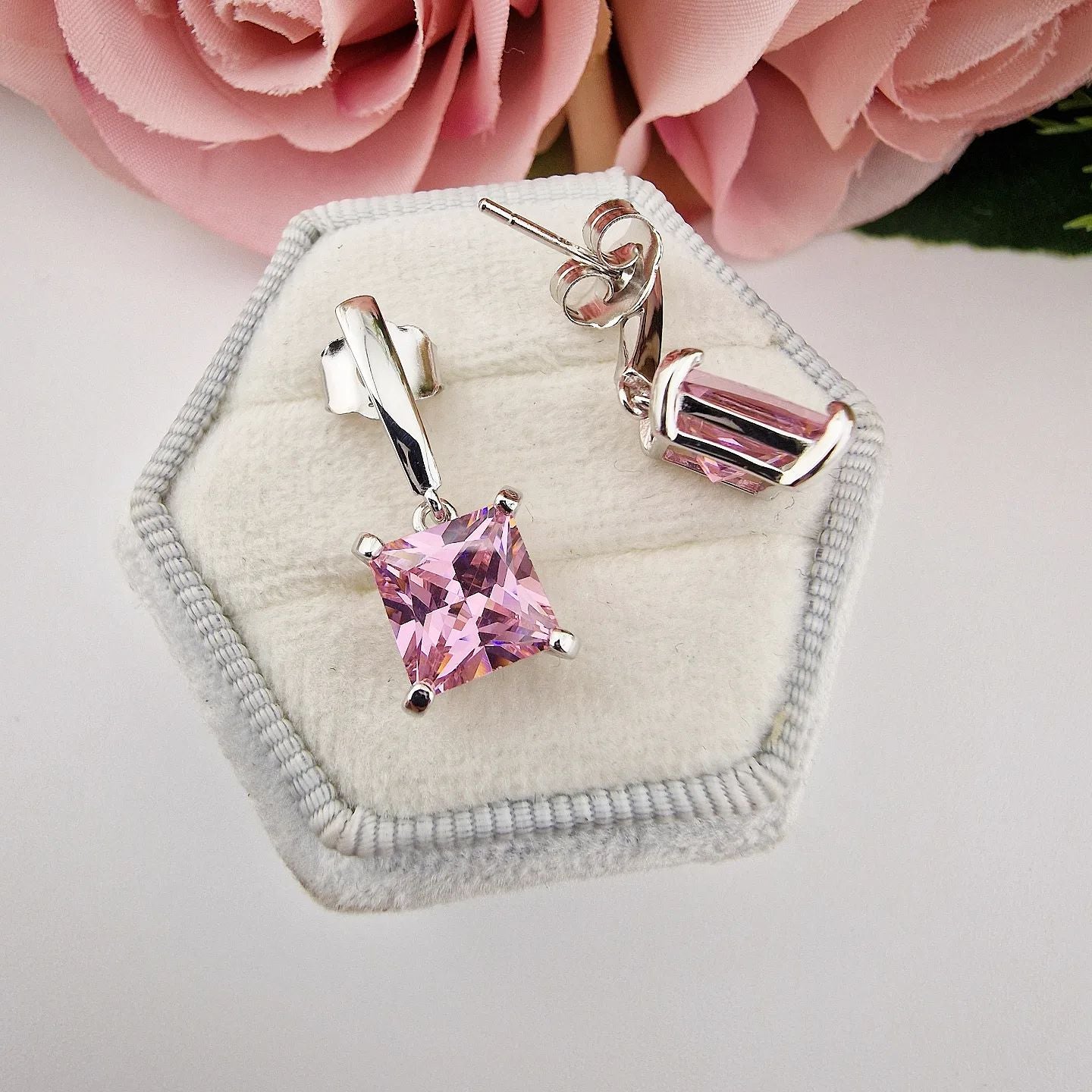 925 Sterling Silver Pink Cubic Zirconia Drop Earrings