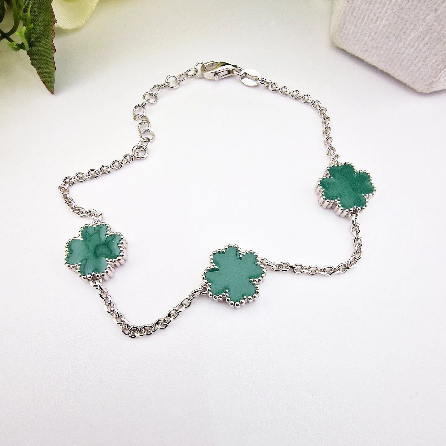 925 Sterling Silver Green Enamel Four Leaf Clover Bracelet 7"