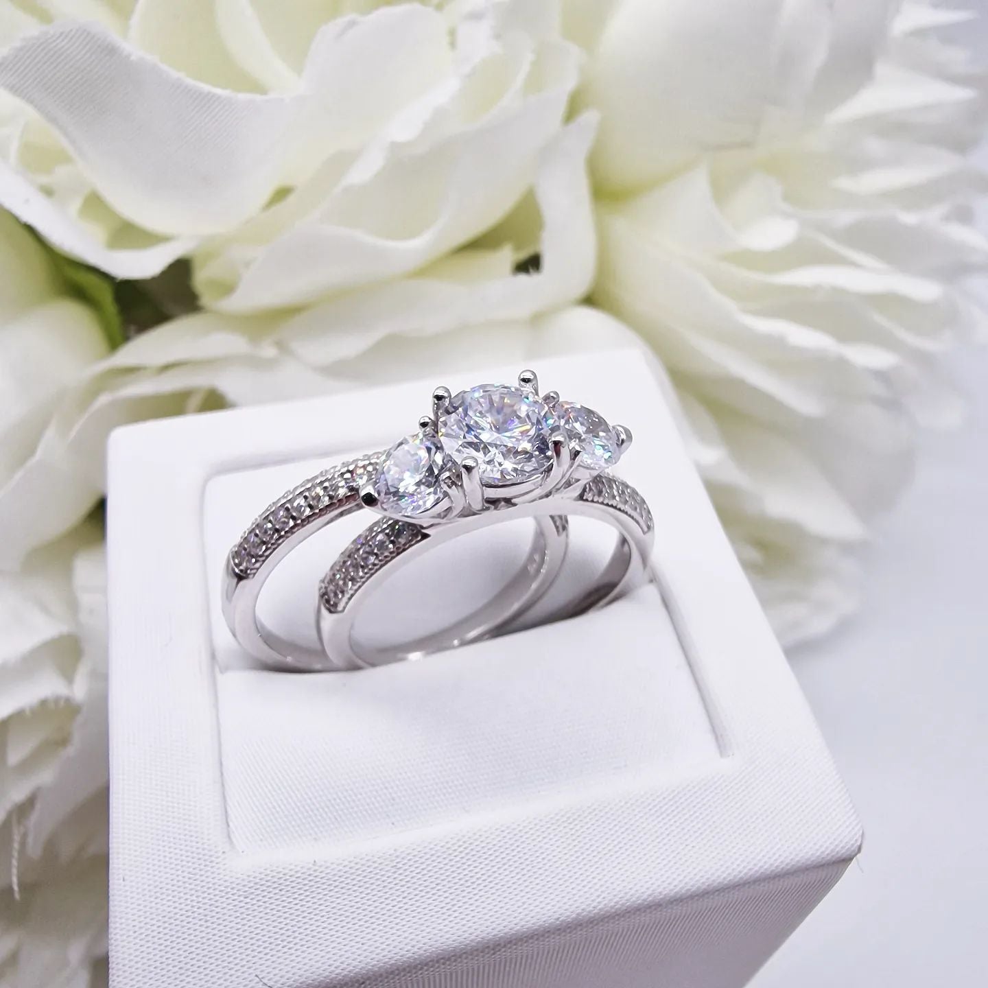 925 Sterling Silver Cz Trilogy Ring Set