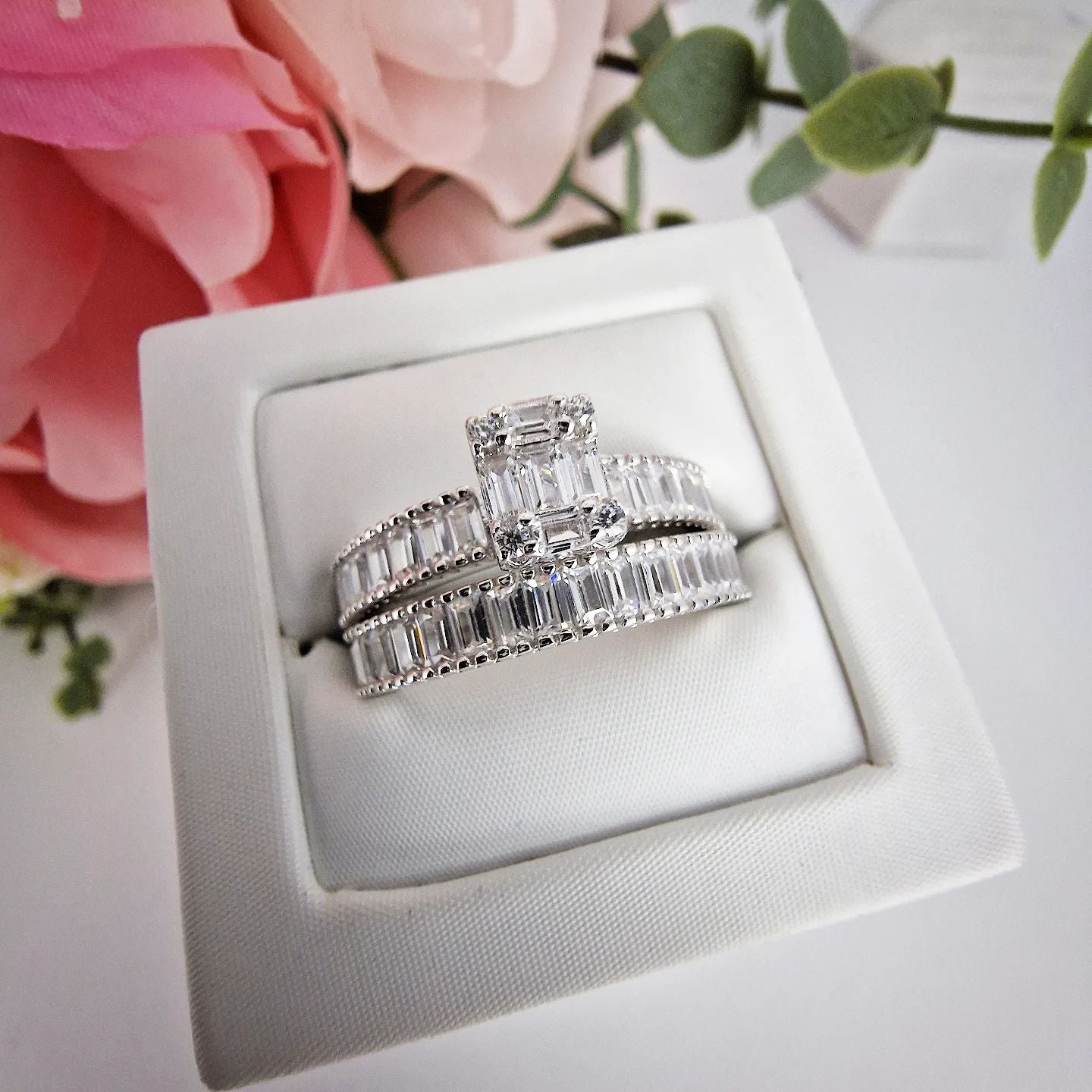 925 Sterling Silver Baguette Cz Ladies Ring Set