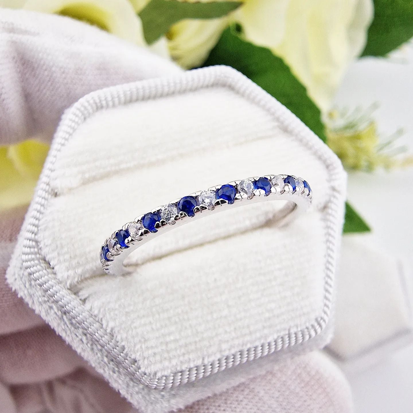 925 Sterling Silver Blue Sapphire & White Cz Full Eternity Ring