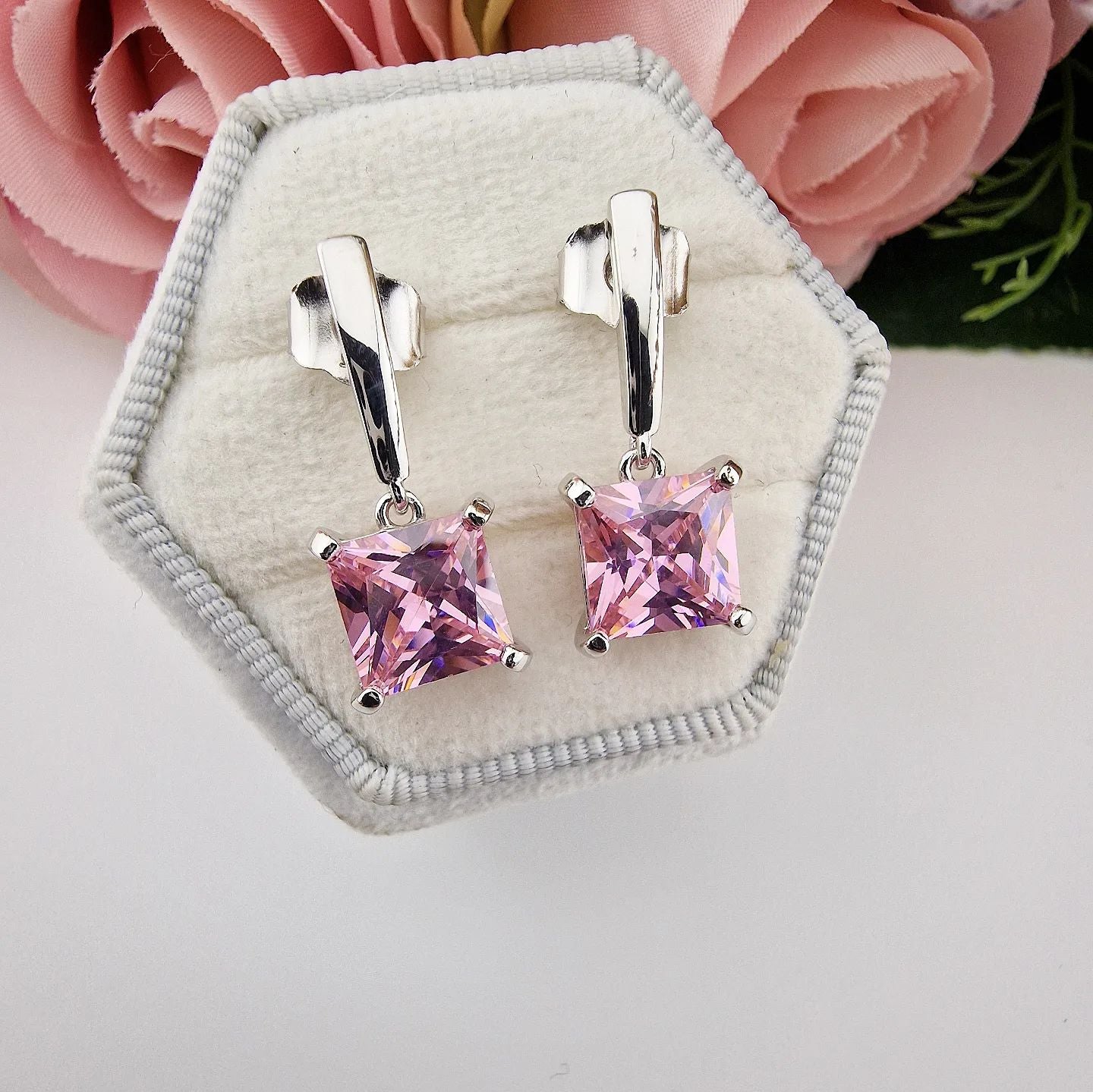 925 Sterling Silver Pink Cubic Zirconia Drop Earrings