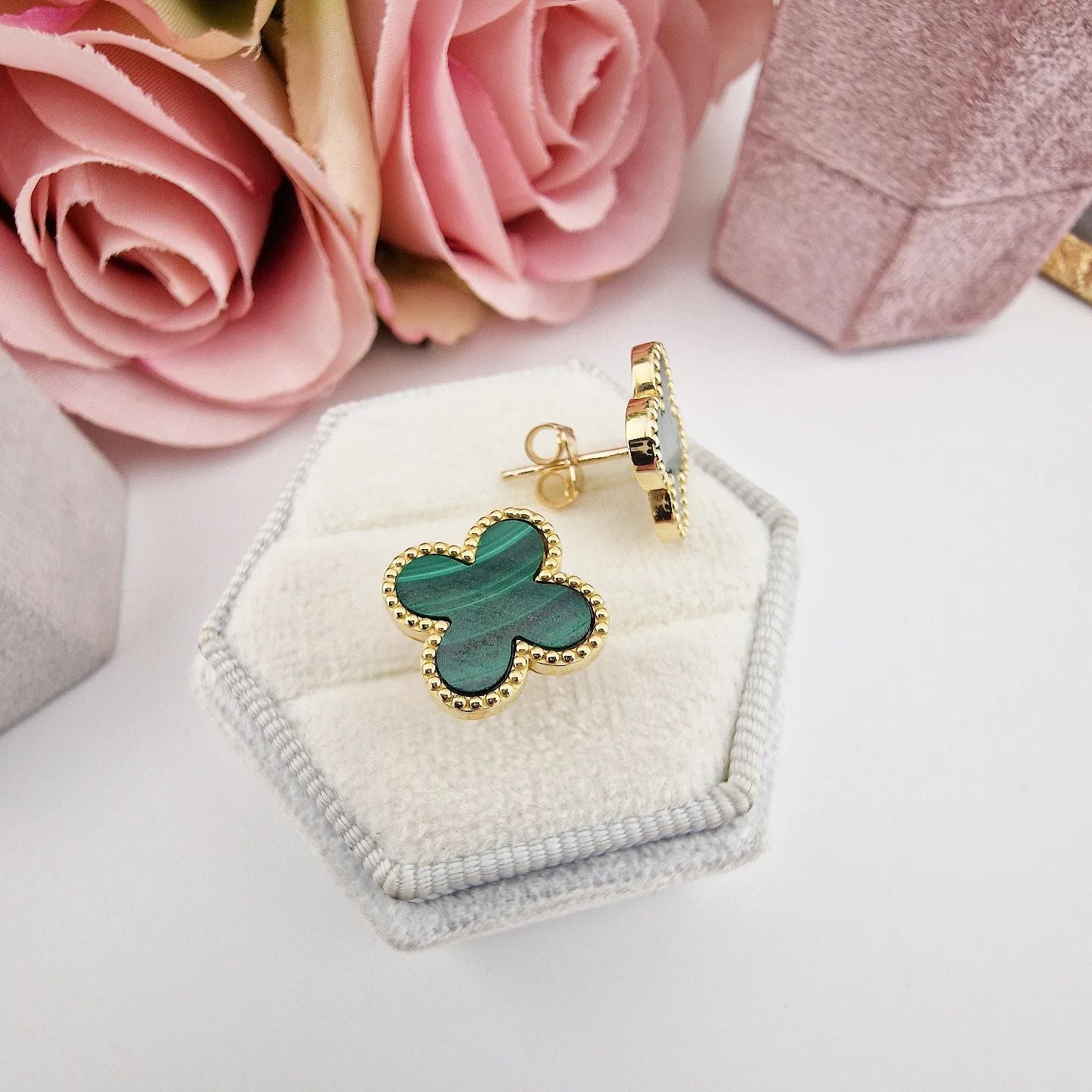 9ct Yellow Gold Malachite Four Leaf Clover Stud Earrings