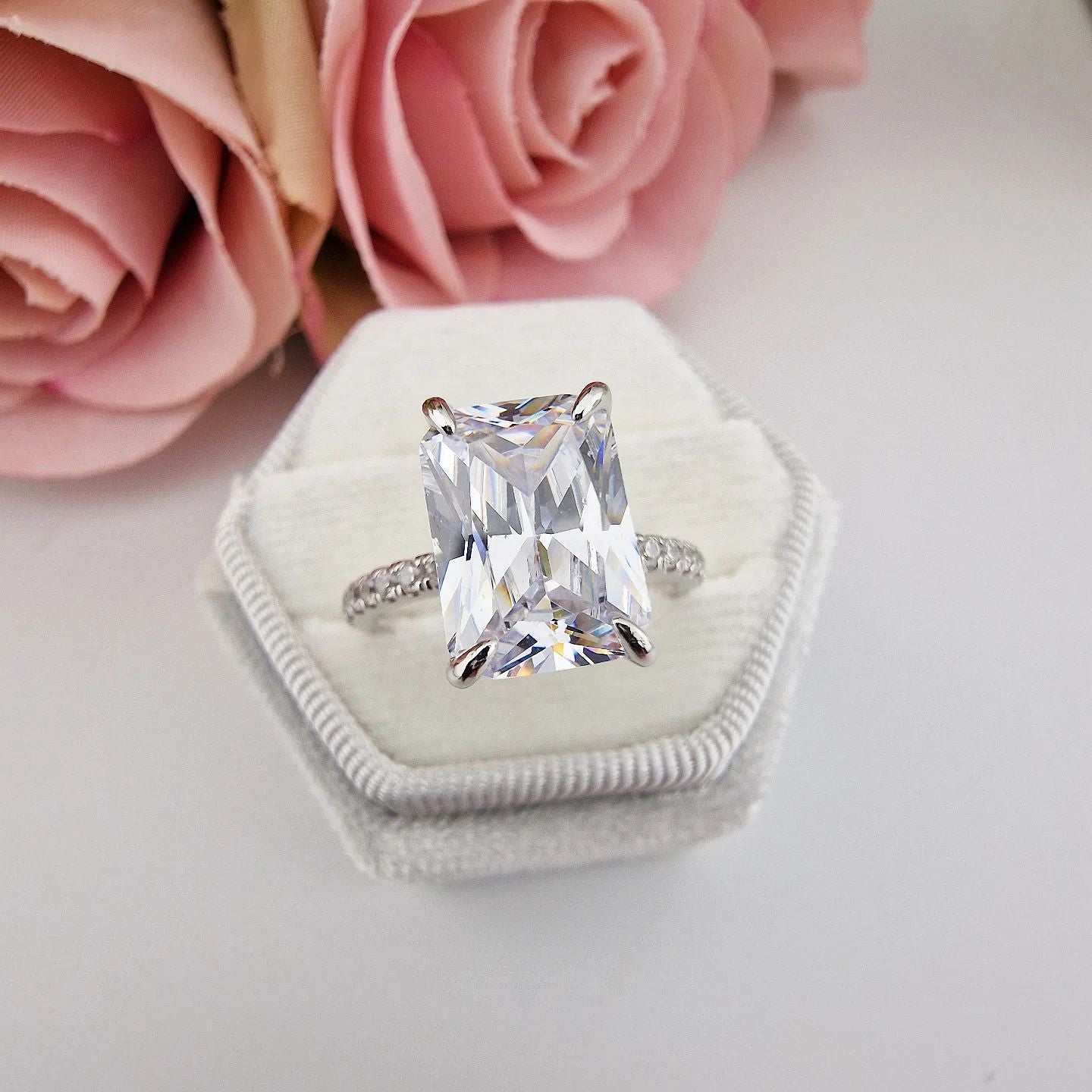 925 Sterling Silver Large Emerald Cut Cz Dress Ring