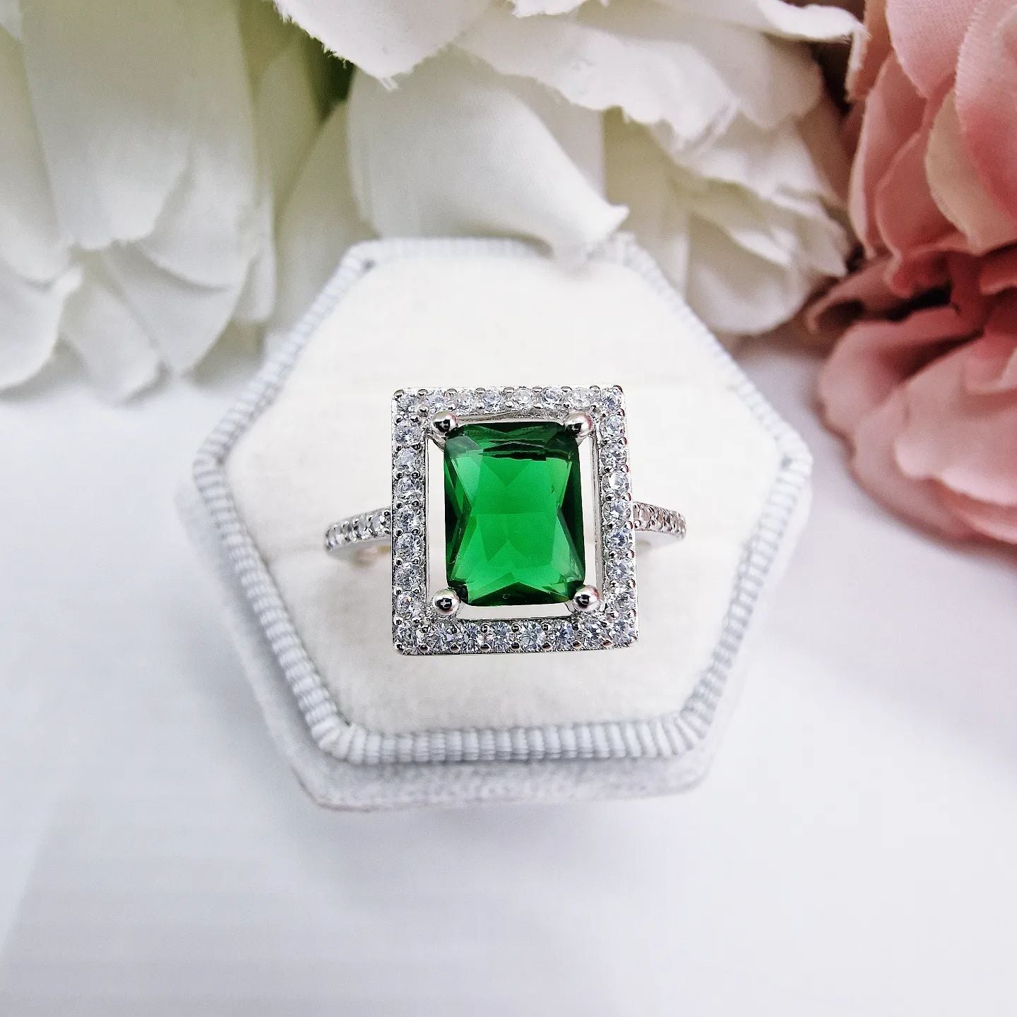 925 Sterling Silver Green Emerald Cut Cz Halo Dress Ring