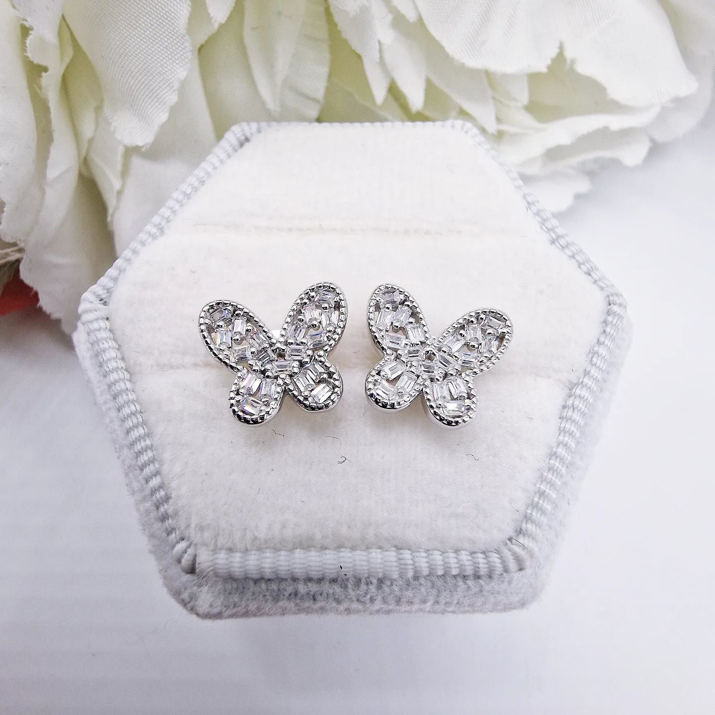 925 Sterling Silver Baguette Cut Cubic Zirconia Butterfly Shaped Stud Earrings