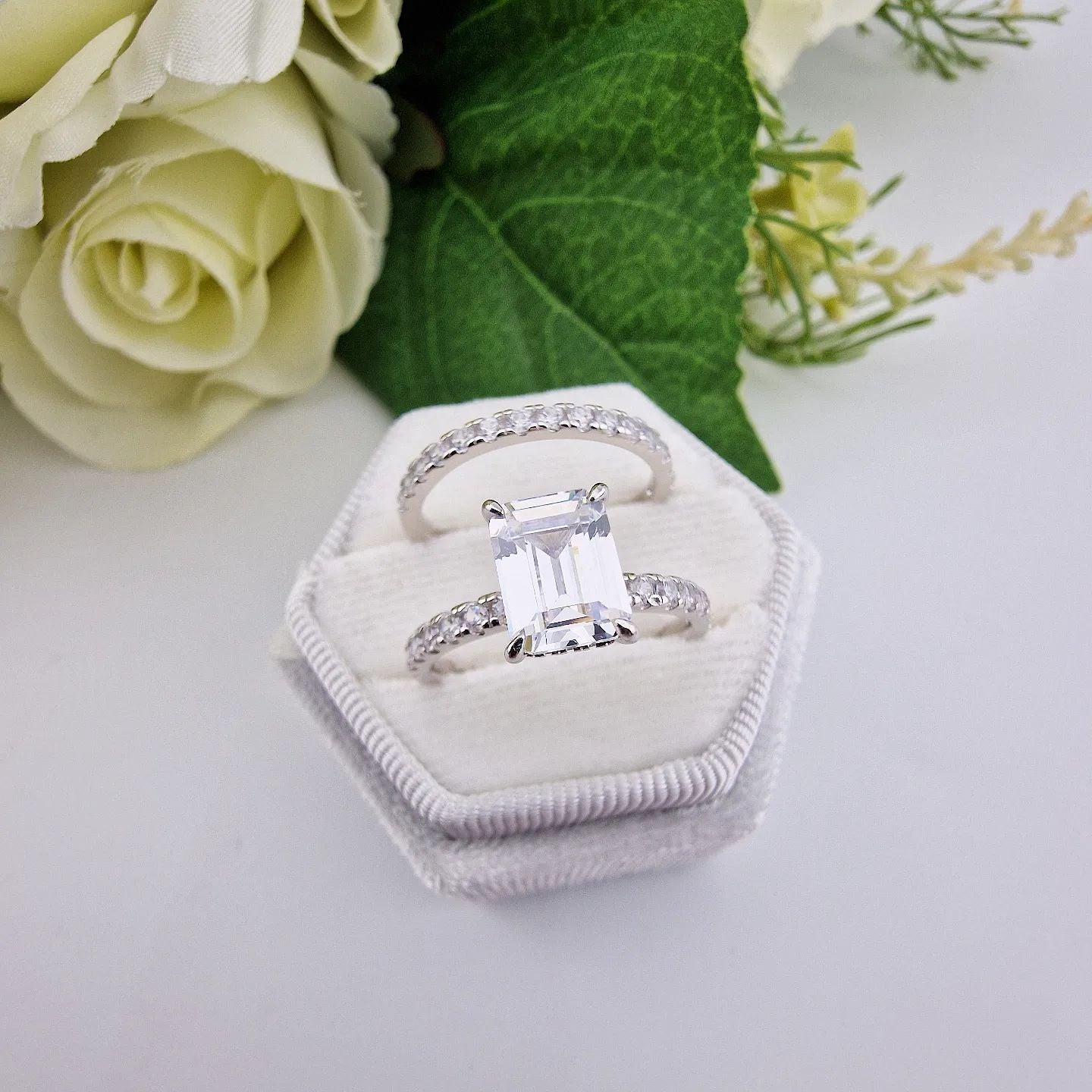 925 Sterling Silver Emerald Cut Cz Ladies Ring Set