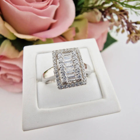 925 Sterling Silver Round & Baguette Cut Cz Halo Ring