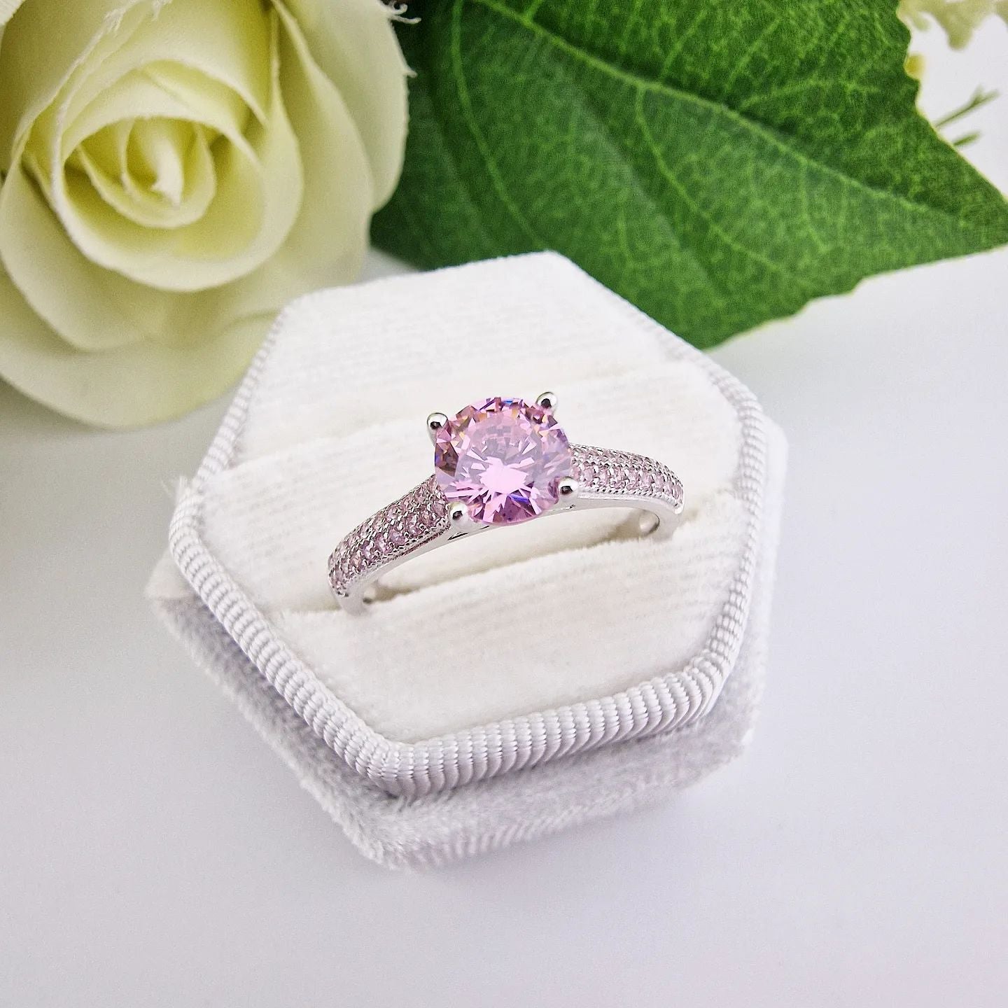 925 Sterling Silver Pink Cz Solitaire Ring with Pink Pave Set Cz Band