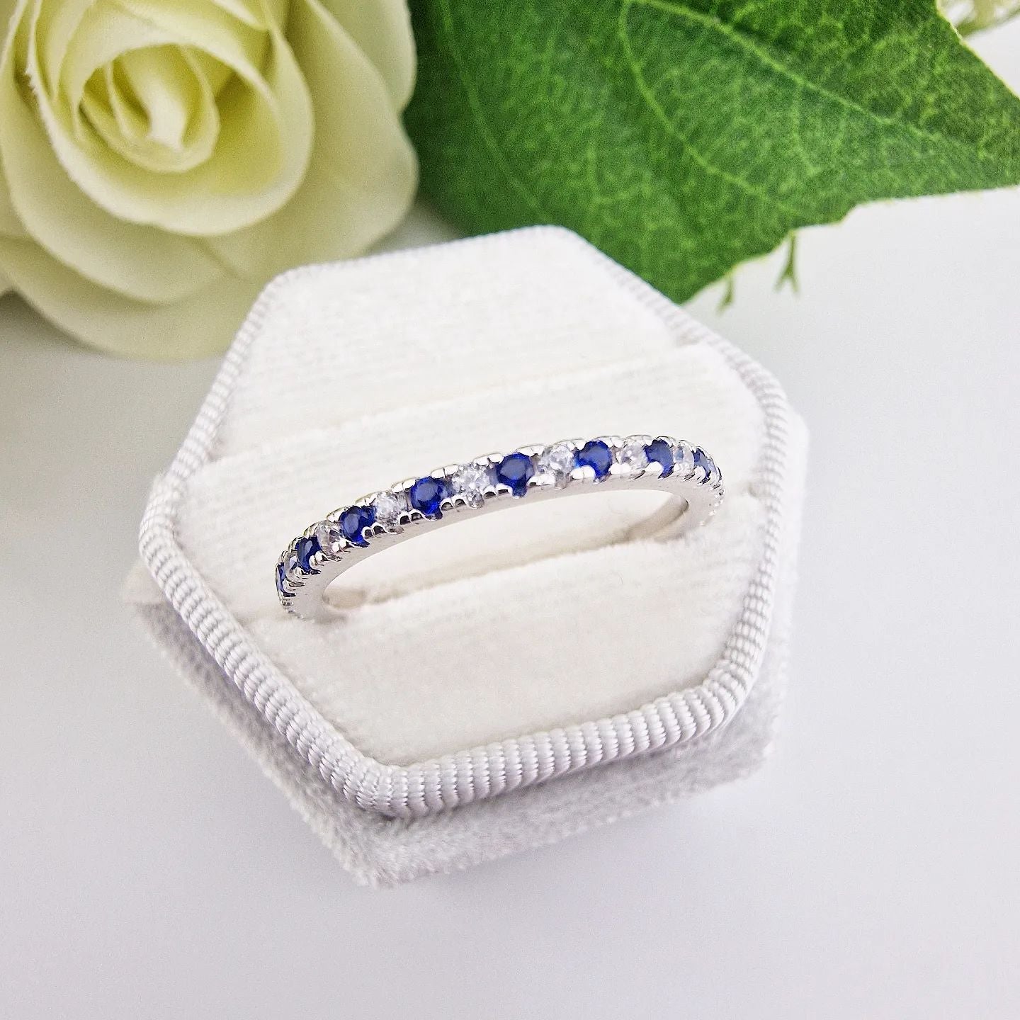 925 Sterling Silver Blue Sapphire & White Cz Full Eternity Ring