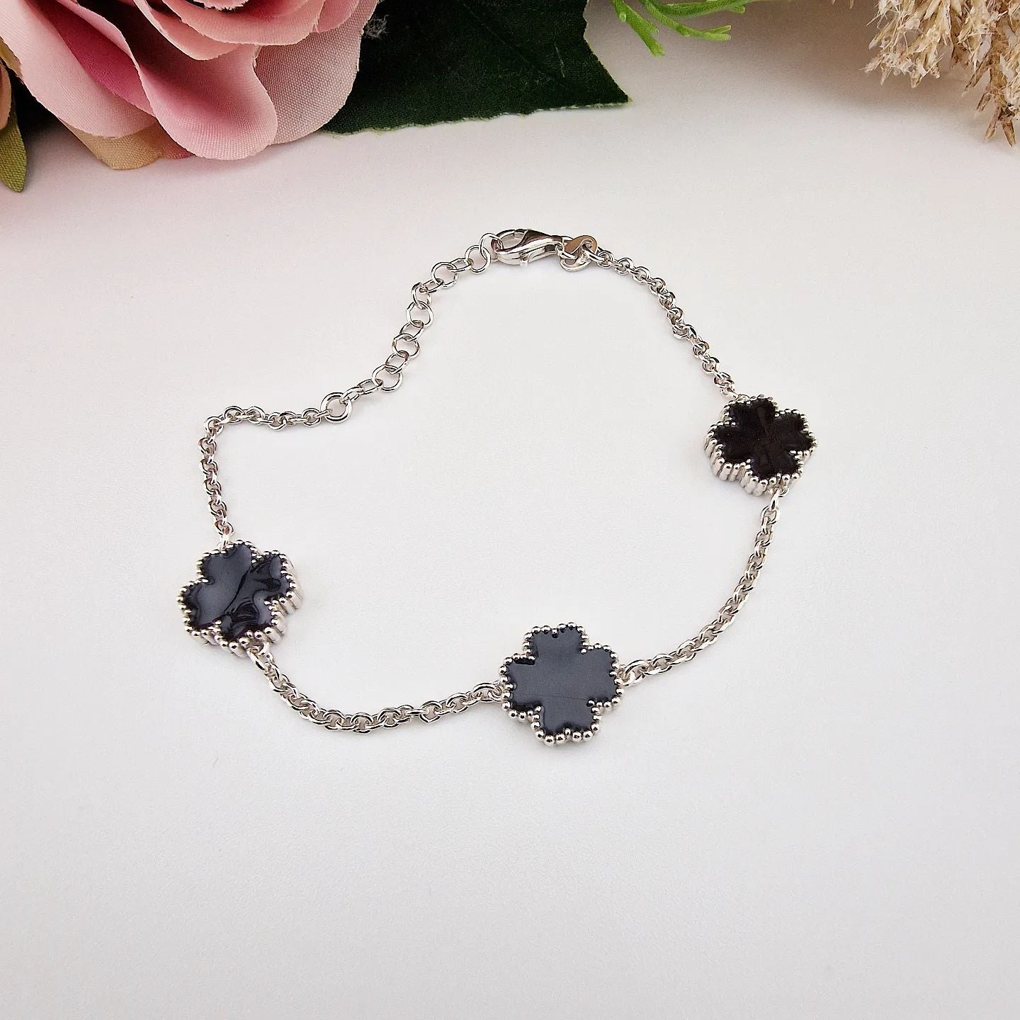 925 Sterling Silver Black Enamel Four Leaf Clover Bracelet