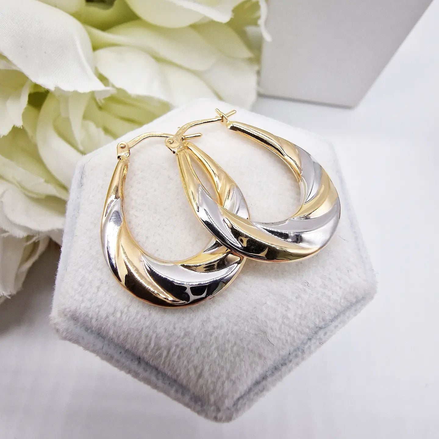 9ct Yellow White Gold Oval Hoop Earrings