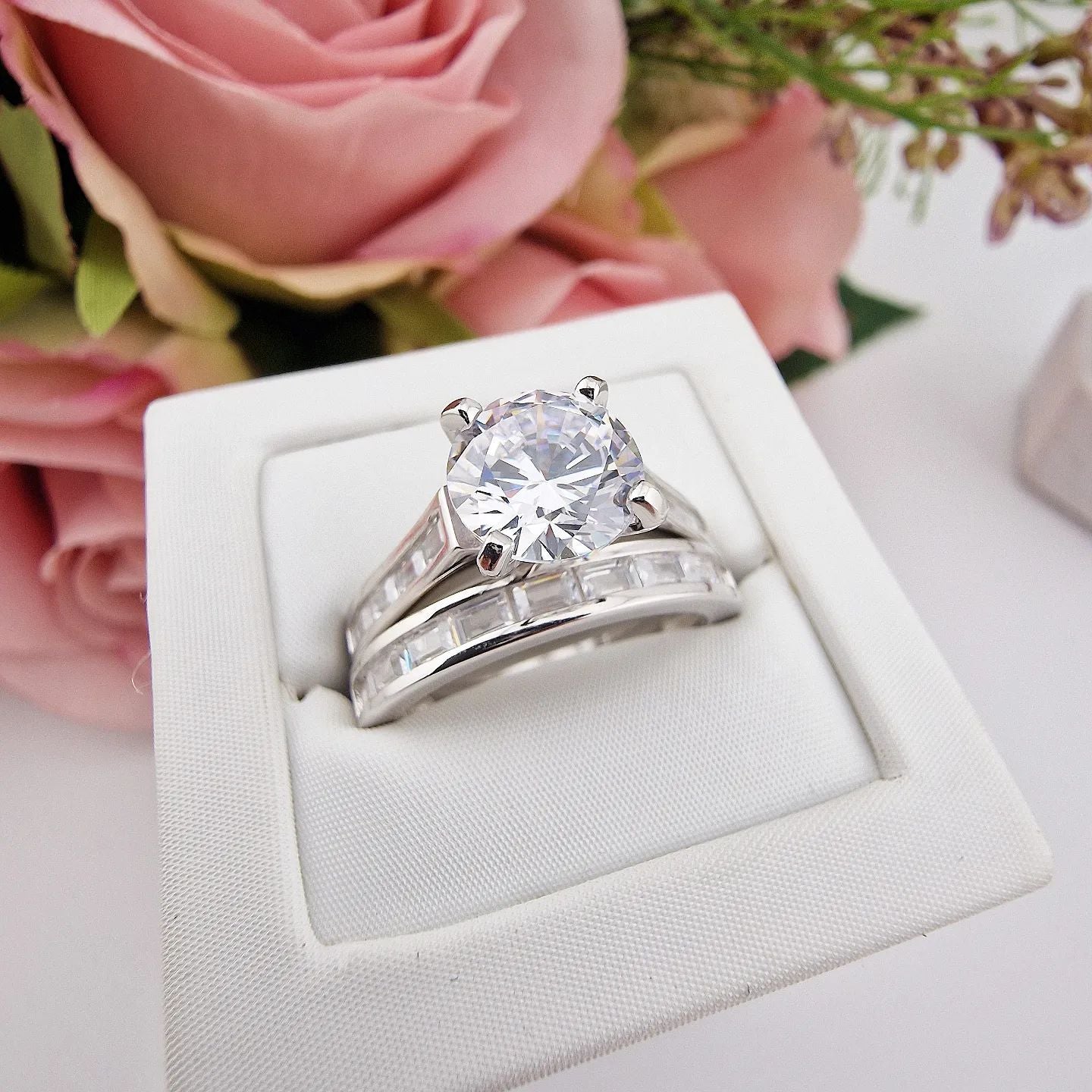 925 Sterling Silver 2ct Solitaire & Baguette Cut Eternity Cz Ring Set