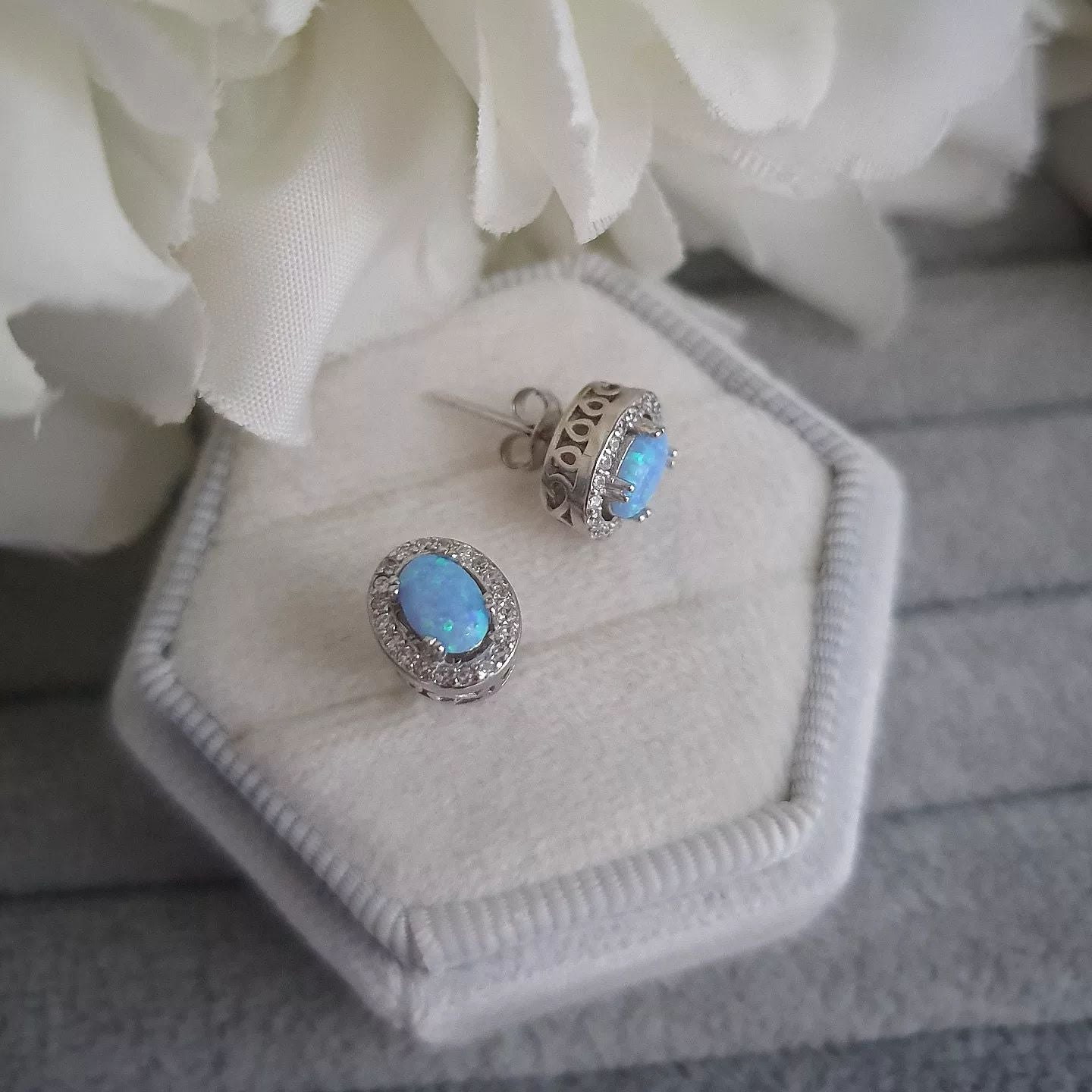 925 Sterling Silver Blue Opal Cubic Zirconia Oval Halo Stud Earrings