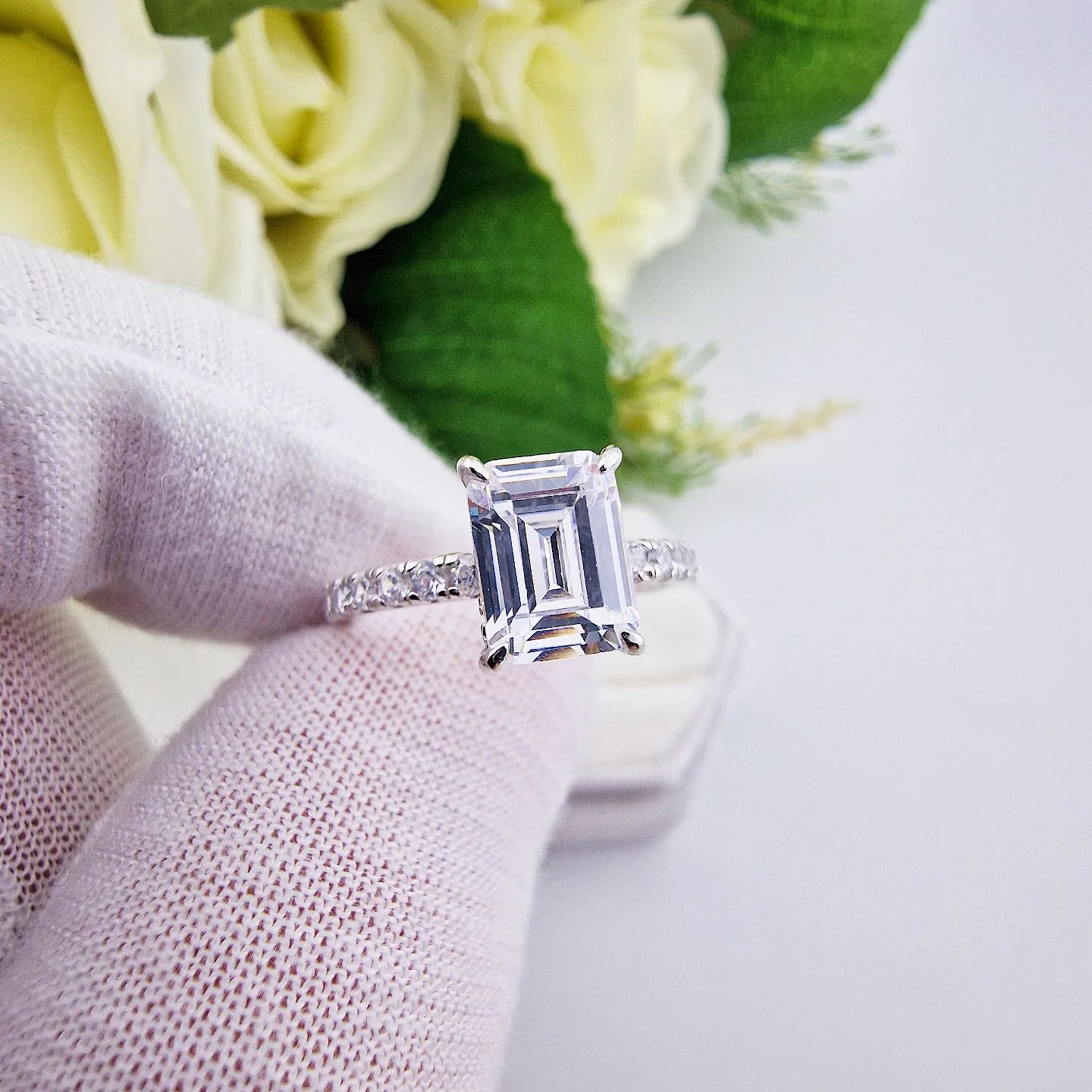 925 Sterling Silver Emerald Cut Cz Ladies Ring Set