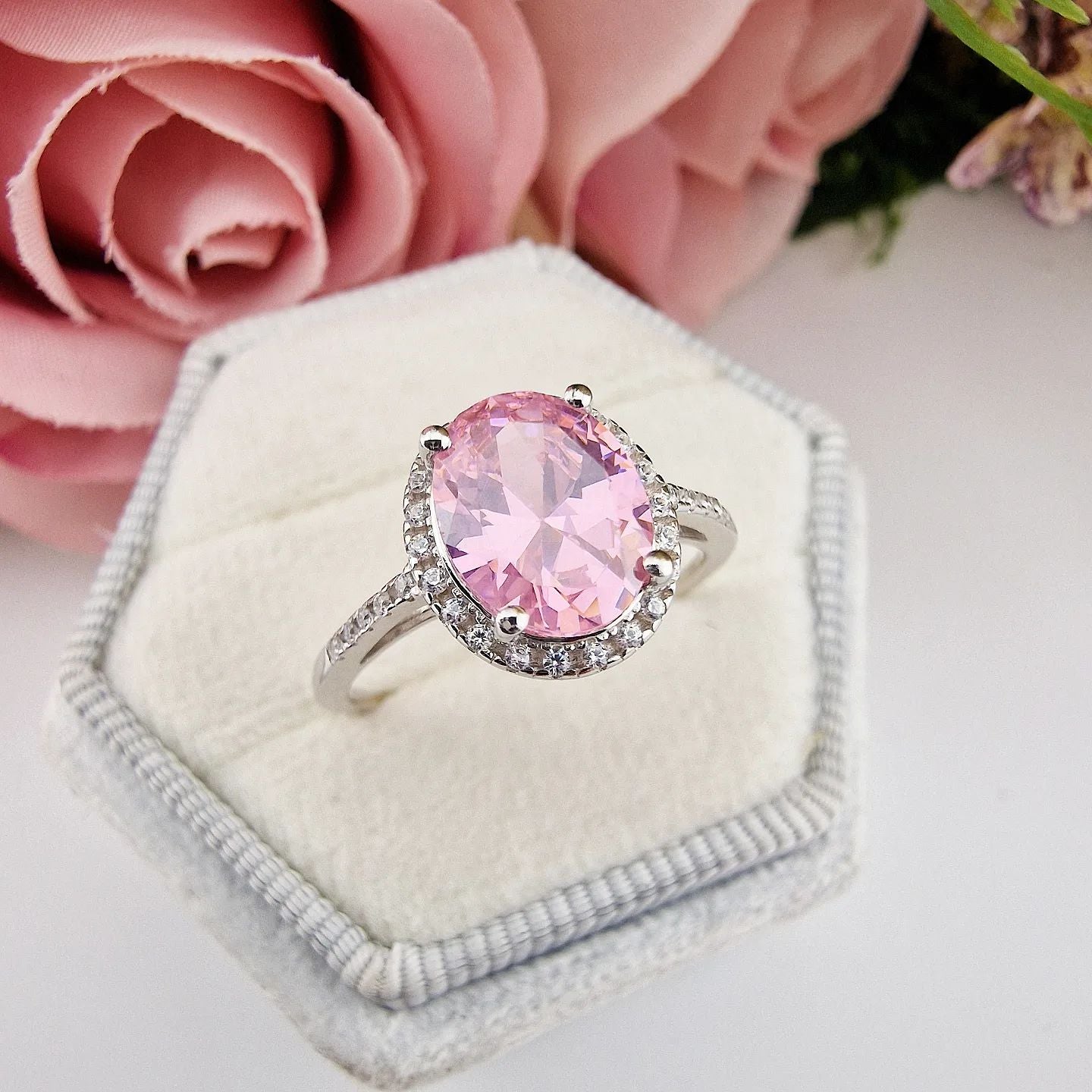 925 Sterling Silver Pink Oval Cubic Zirconia Halo Ring