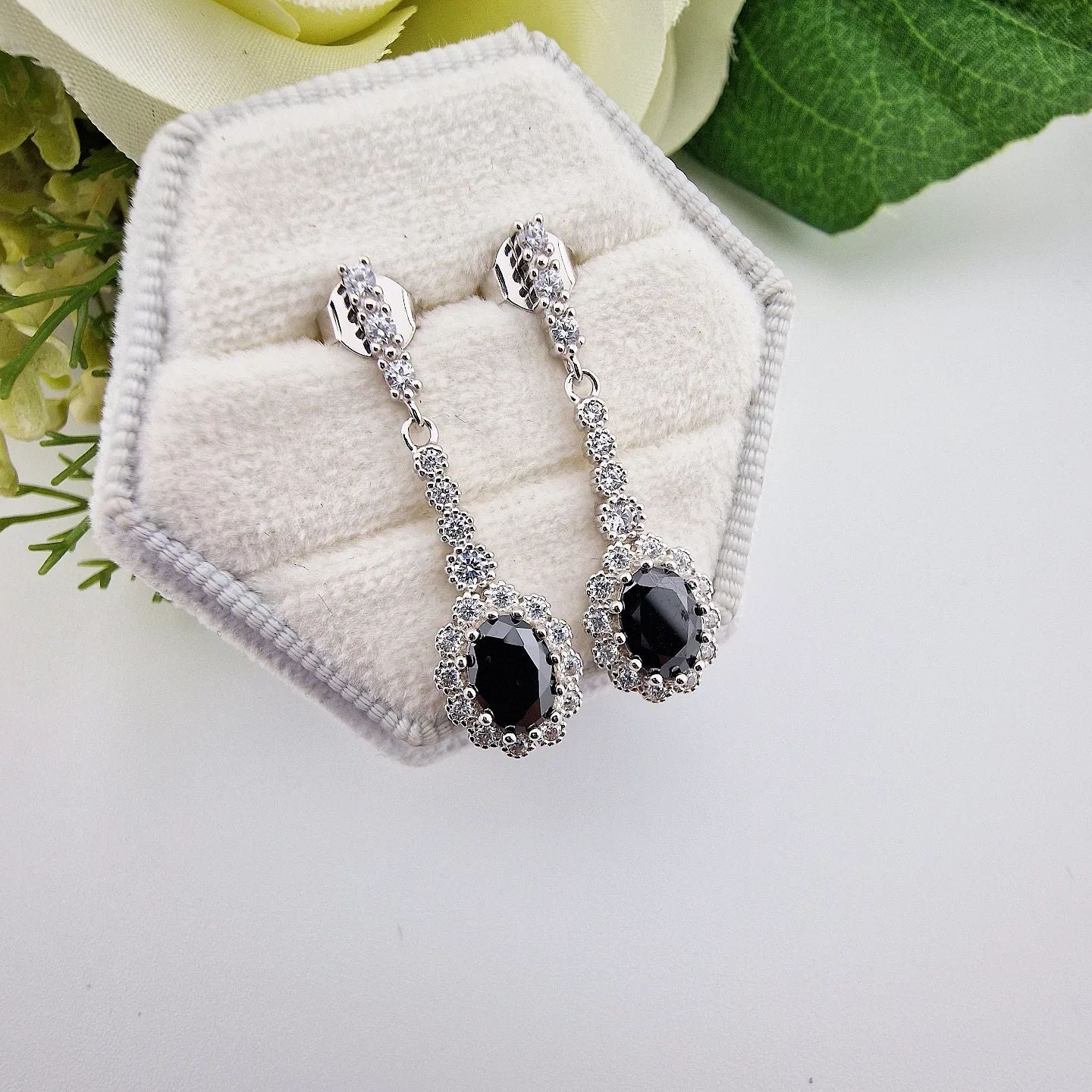 925 Sterling Silver Black Cluster Cubic Zirconia Drop Earrings