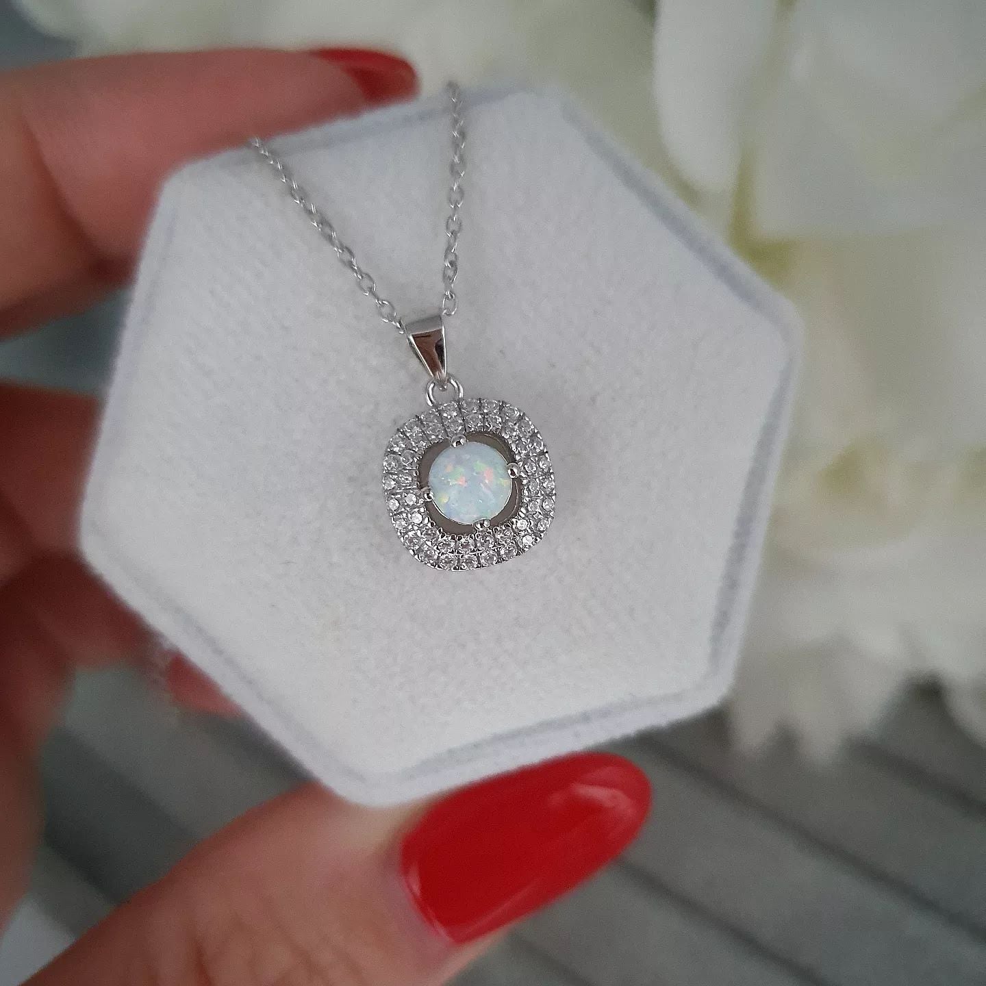 925 Sterling Silver White Opal Cubic Zirconia Double Halo Pendant with Chain