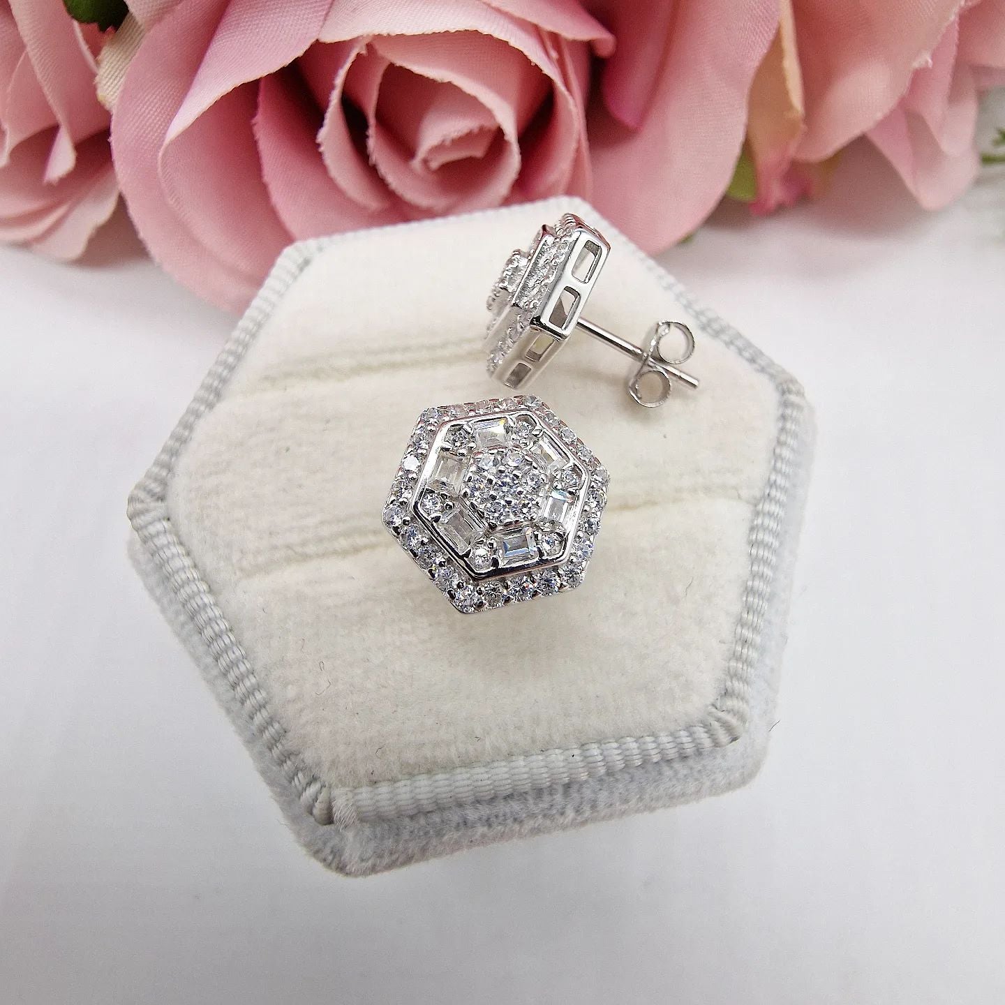 925 Sterling Silver Octagon Shaped Cz Stud Earrings