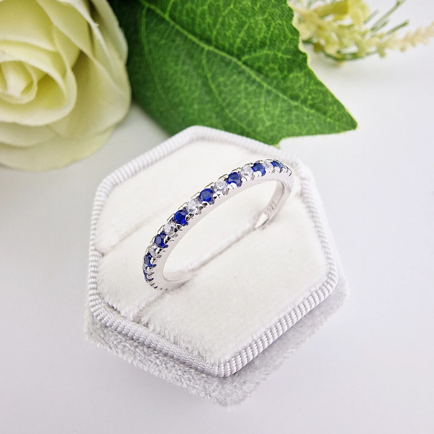 925 Sterling Silver Blue Sapphire & White Cz Full Eternity Ring