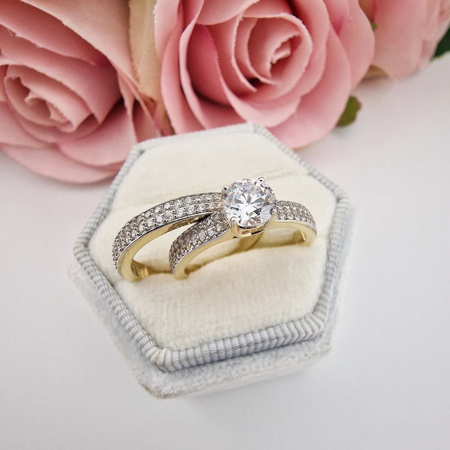 9ct Yellow Gold Pave Set Bands With Round Cut Centre Ring Set