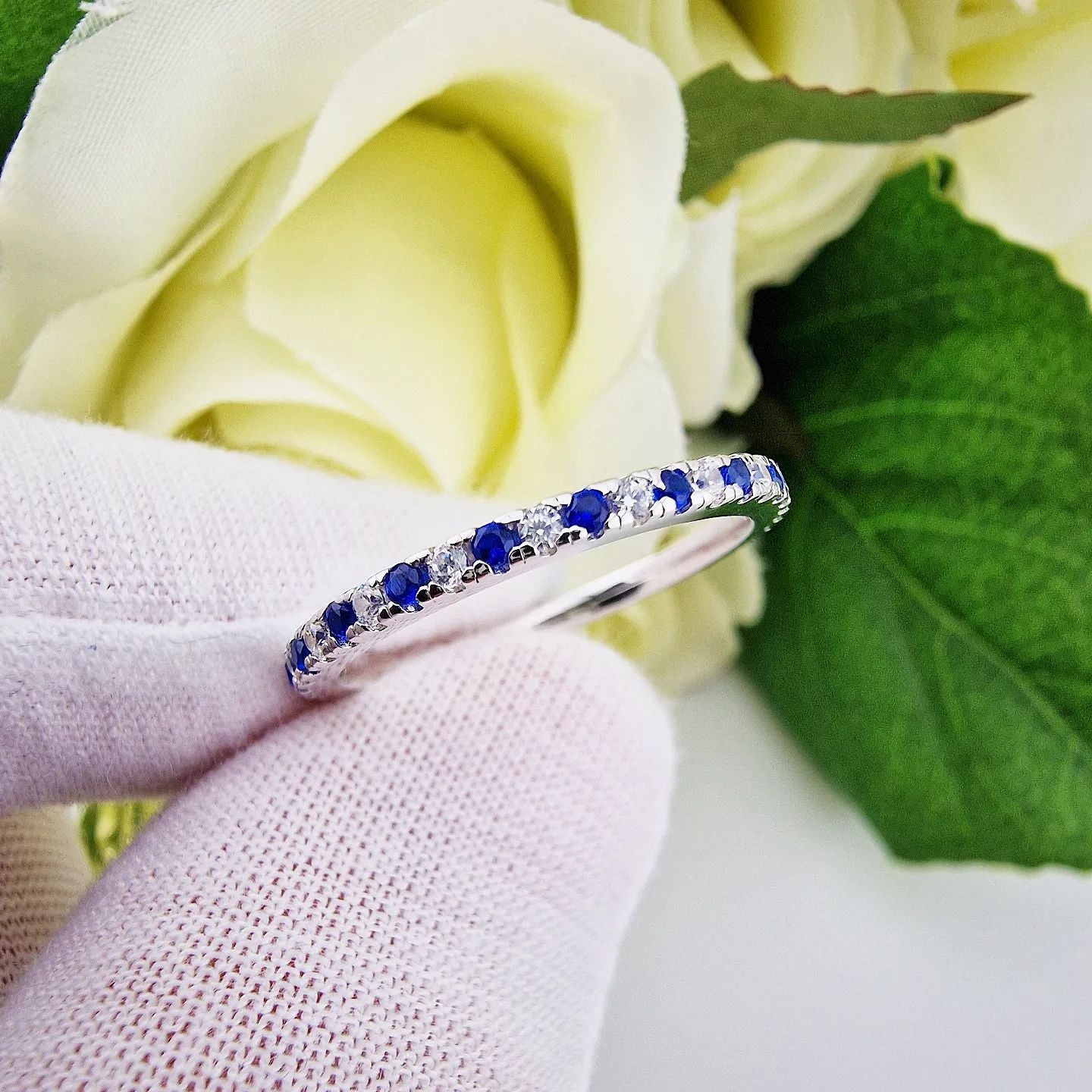 925 Sterling Silver Blue Sapphire & White Cz Full Eternity Ring