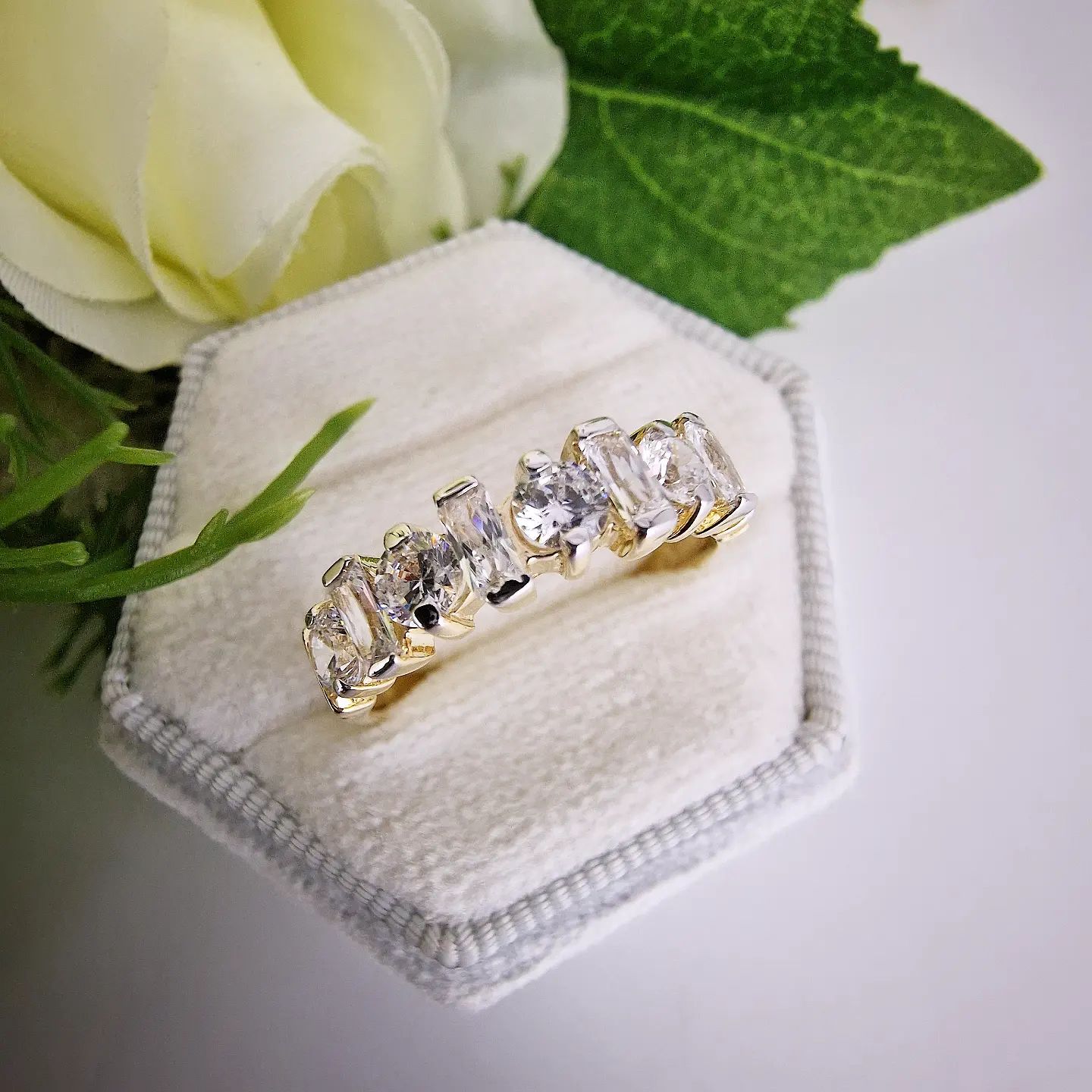 9ct Yellow Gold Round & Baguette Cut Half Eternity Ring