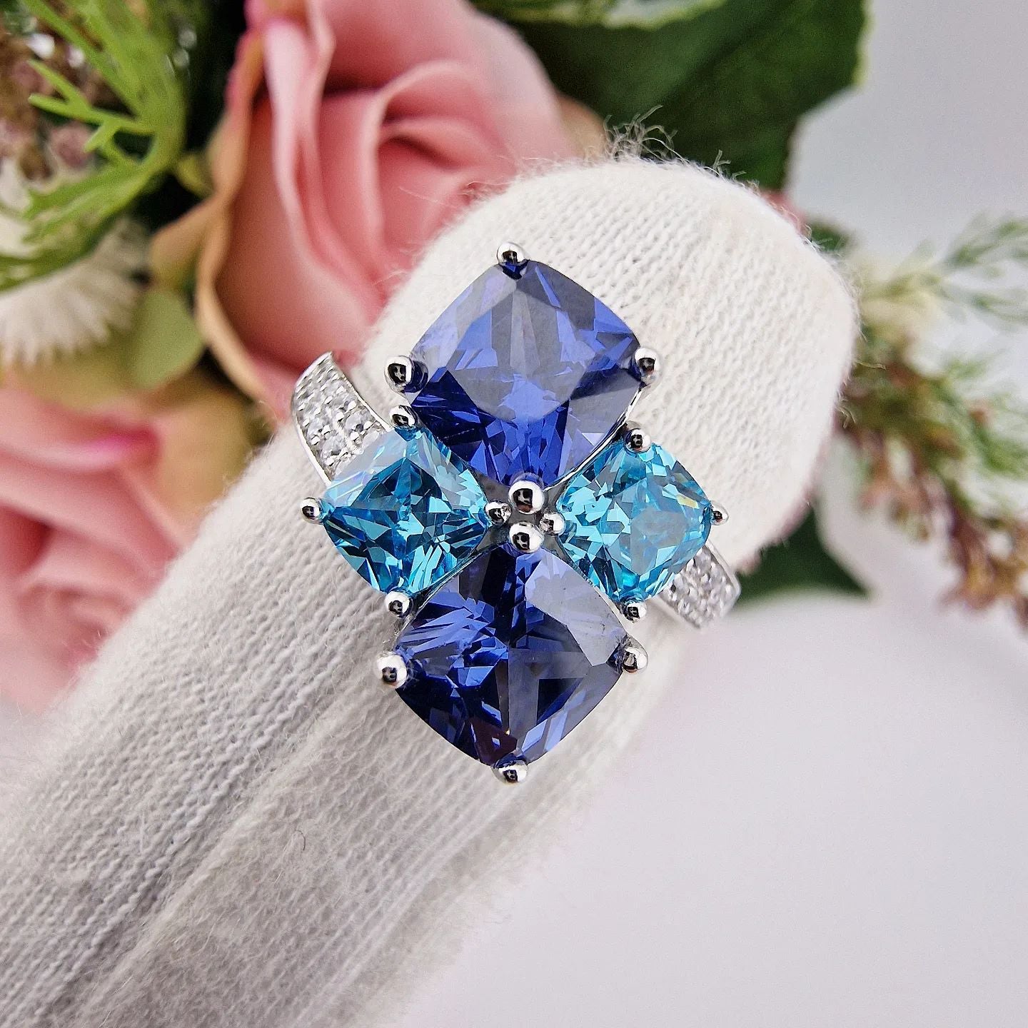 925 Sterling Silver Tanzanite & Aqua Cubic Zirconia Fancy Dress Ring