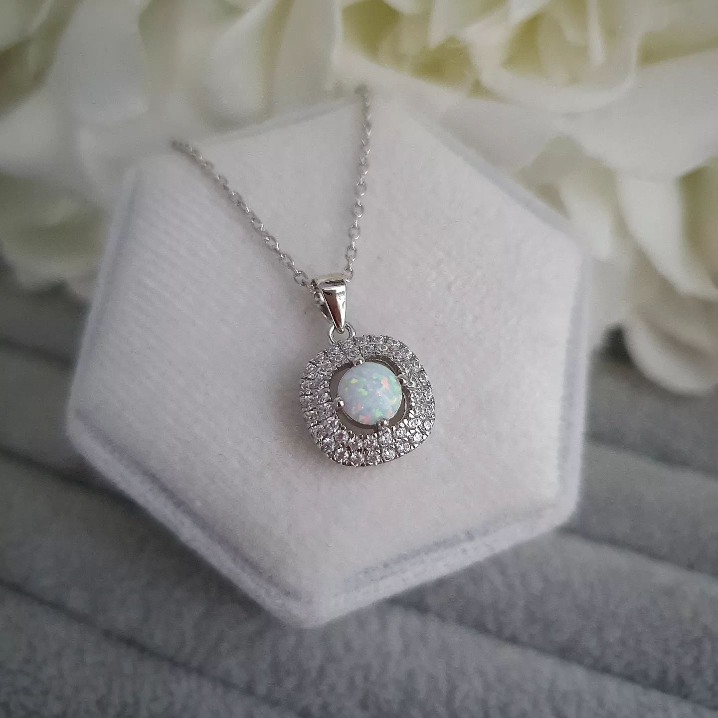 925 Sterling Silver White Opal Cubic Zirconia Double Halo Pendant with Chain