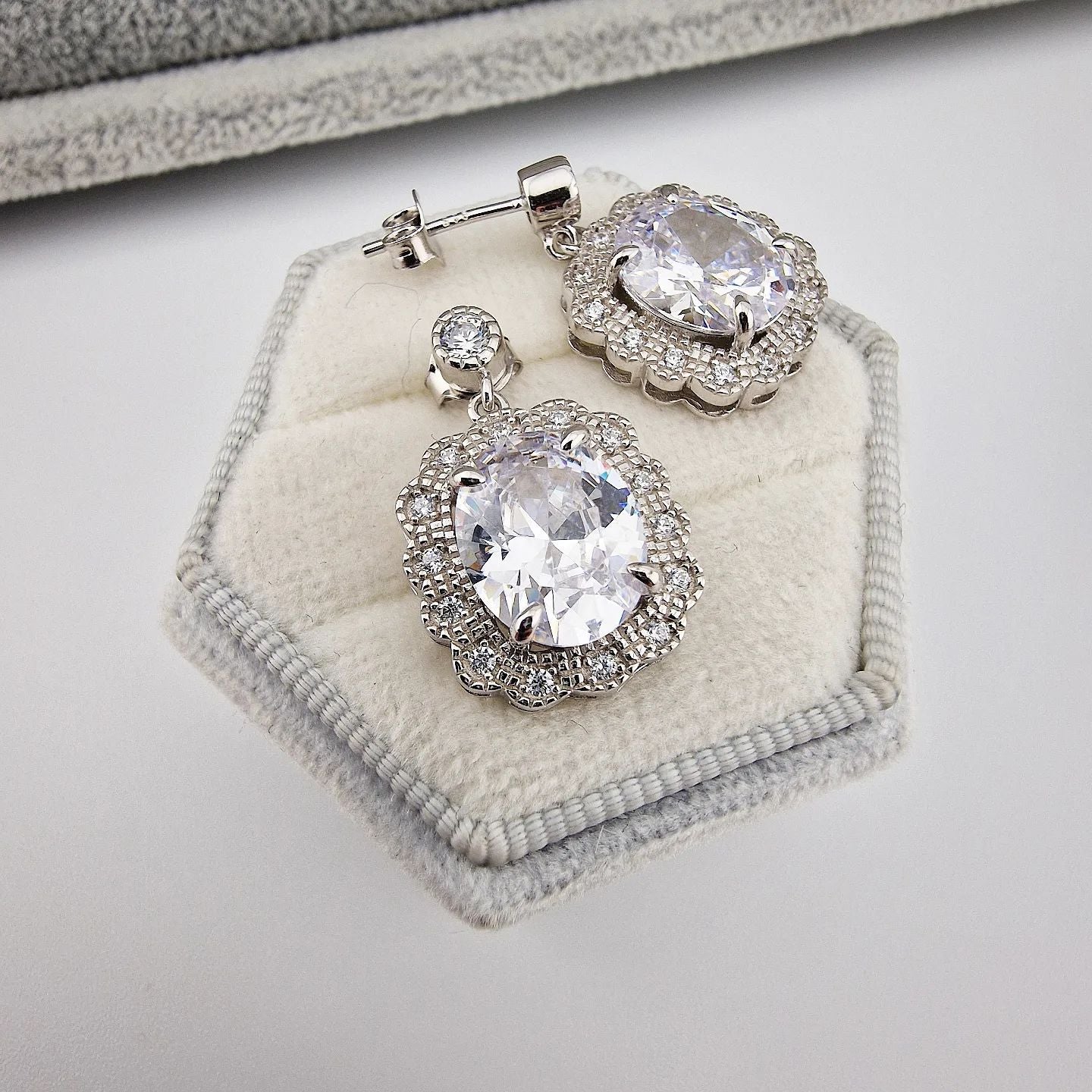 925 Sterling Silver Oval Cubic Zirconia Fancy Flower Halo Drop Earrings