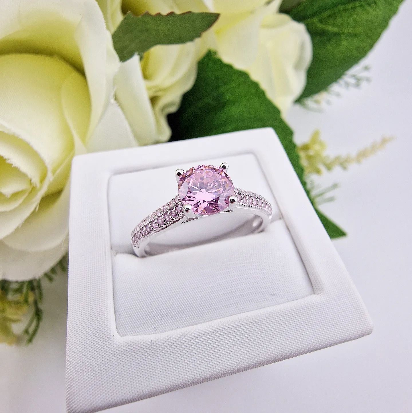 925 Sterling Silver Pink Cz Solitaire Ring with Pink Pave Set Cz Band