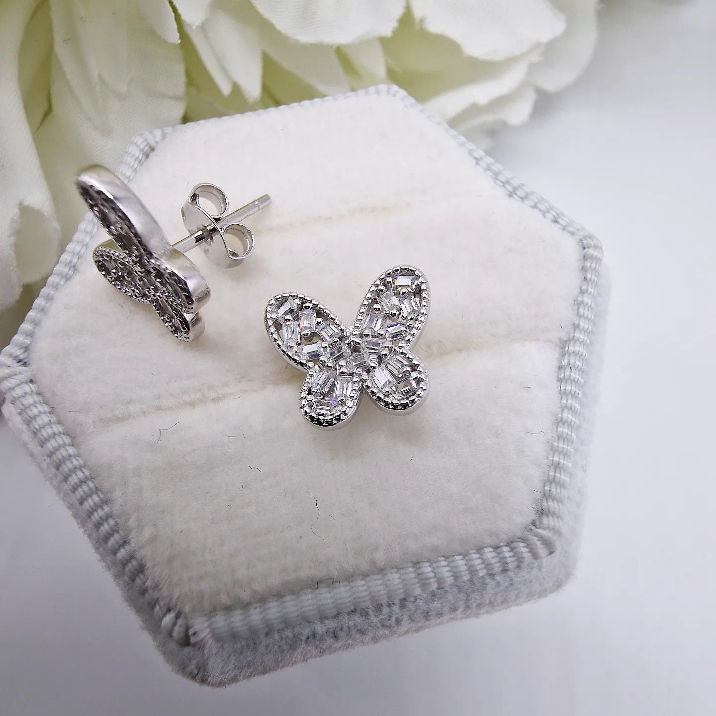 925 Sterling Silver Baguette Cut Cubic Zirconia Butterfly Shaped Stud Earrings