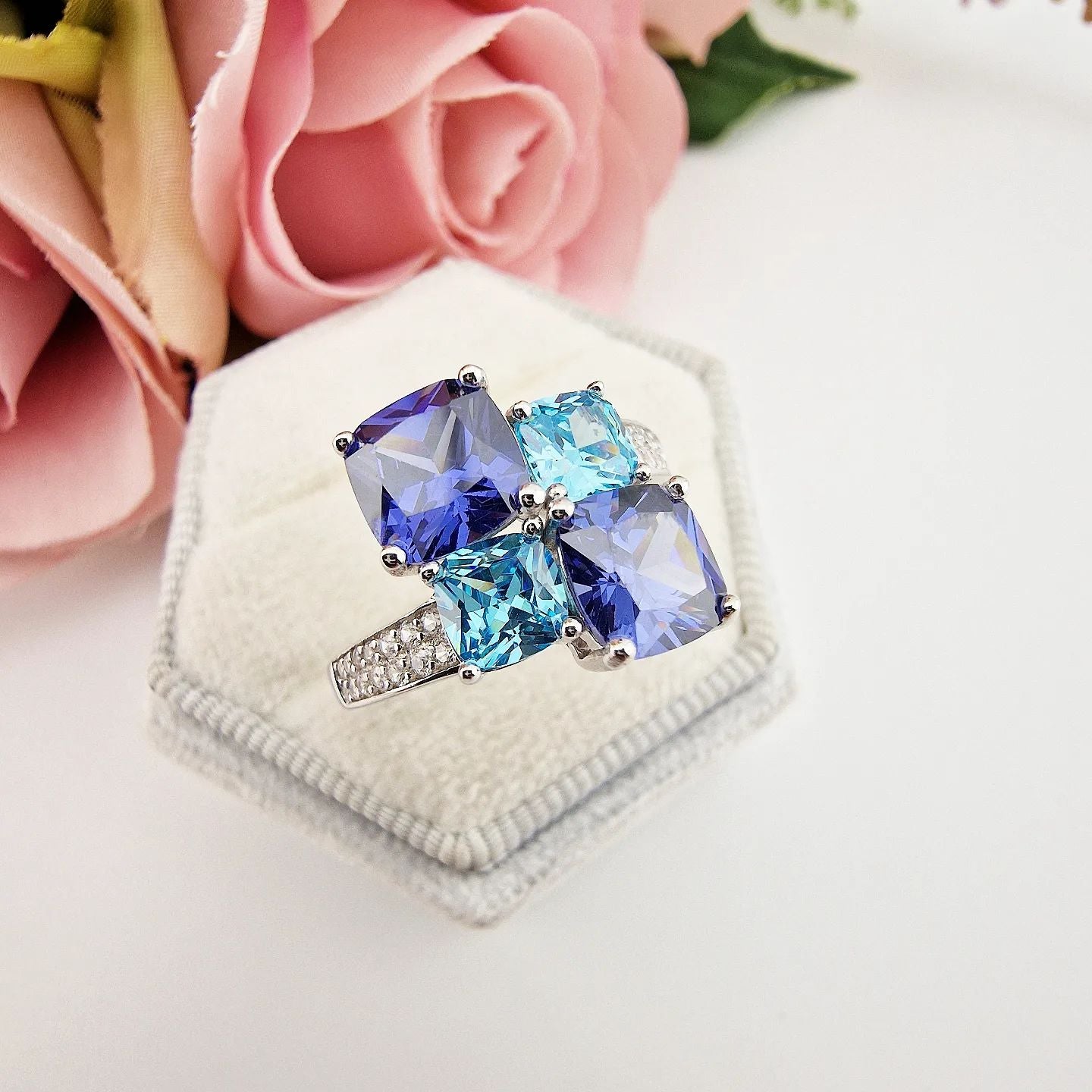 925 Sterling Silver Tanzanite & Aqua Cubic Zirconia Fancy Dress Ring