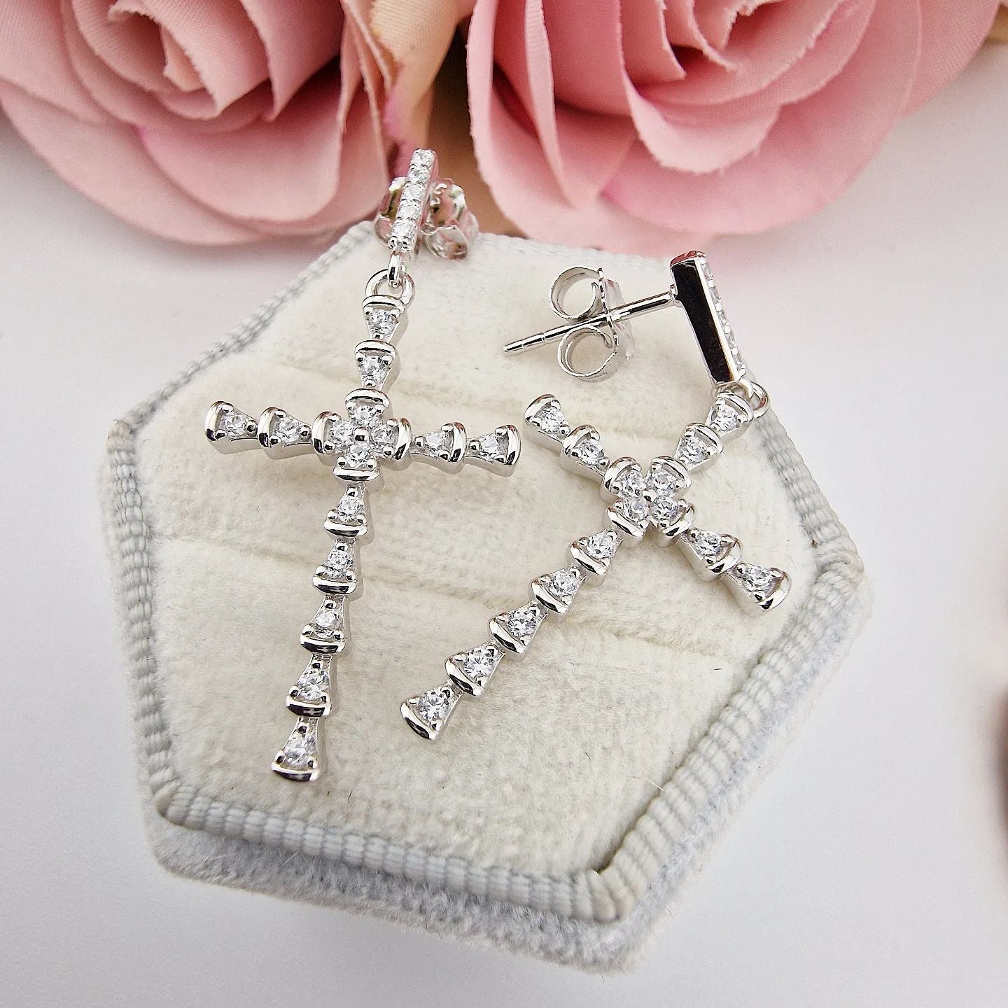 925 Sterling Silver Rubover Cubic Zirconia Cross Drop Earrings