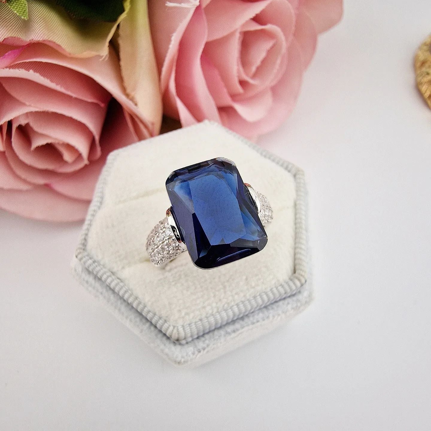 925 Sterling Silver Blue Sapphire Cubic Zirconia Emerald Cut Dress Ring