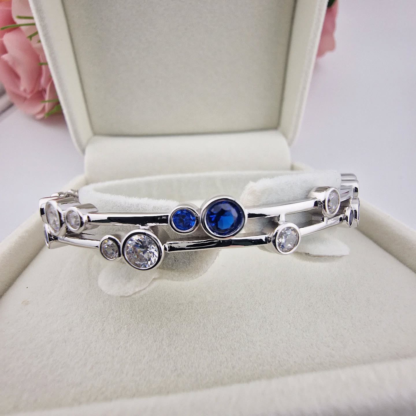 925 Sterling Silver Timeless Rubover Set Blue & Clear CZs Ladies J-Jaz Bangle