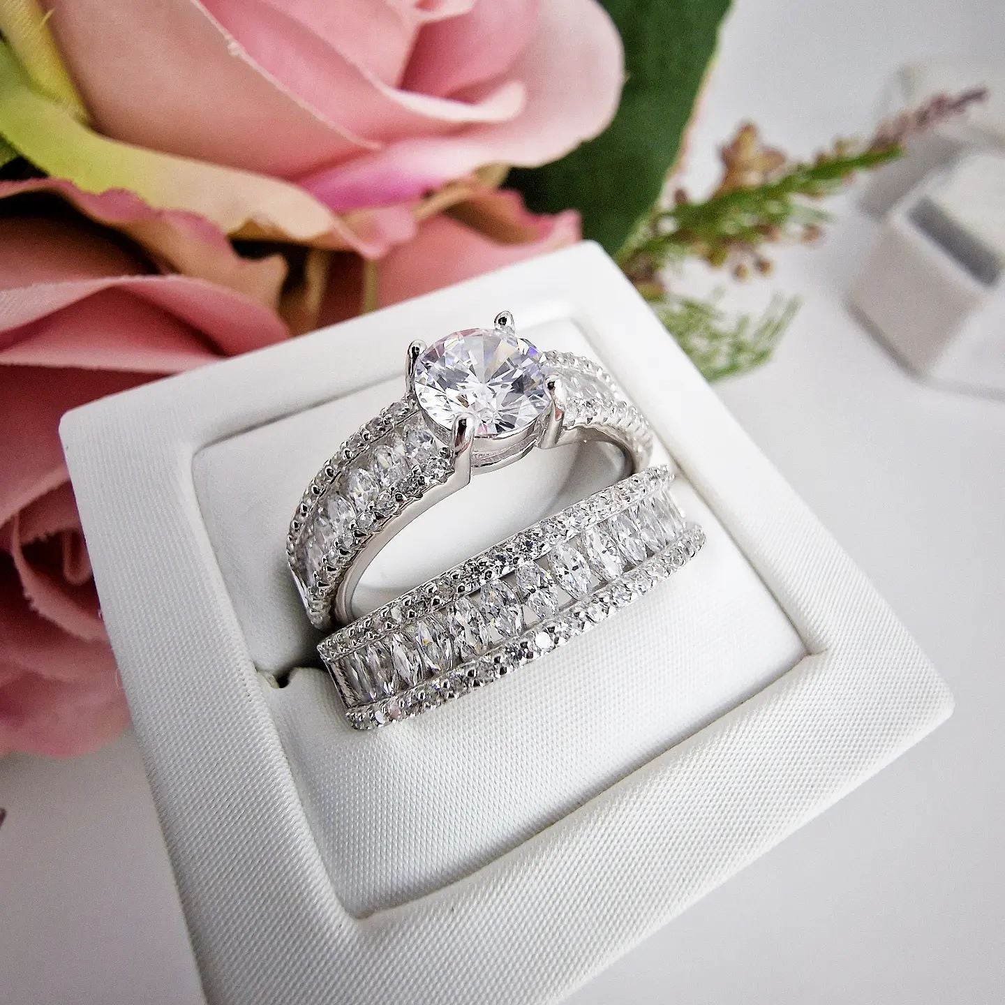 925 Sterling Silver Round & Marquise Cz Ring Set