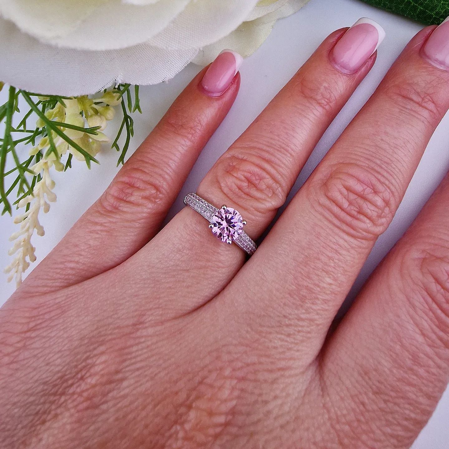 925 Sterling Silver Pink Cz Solitaire Ring with Pink Pave Set Cz Band