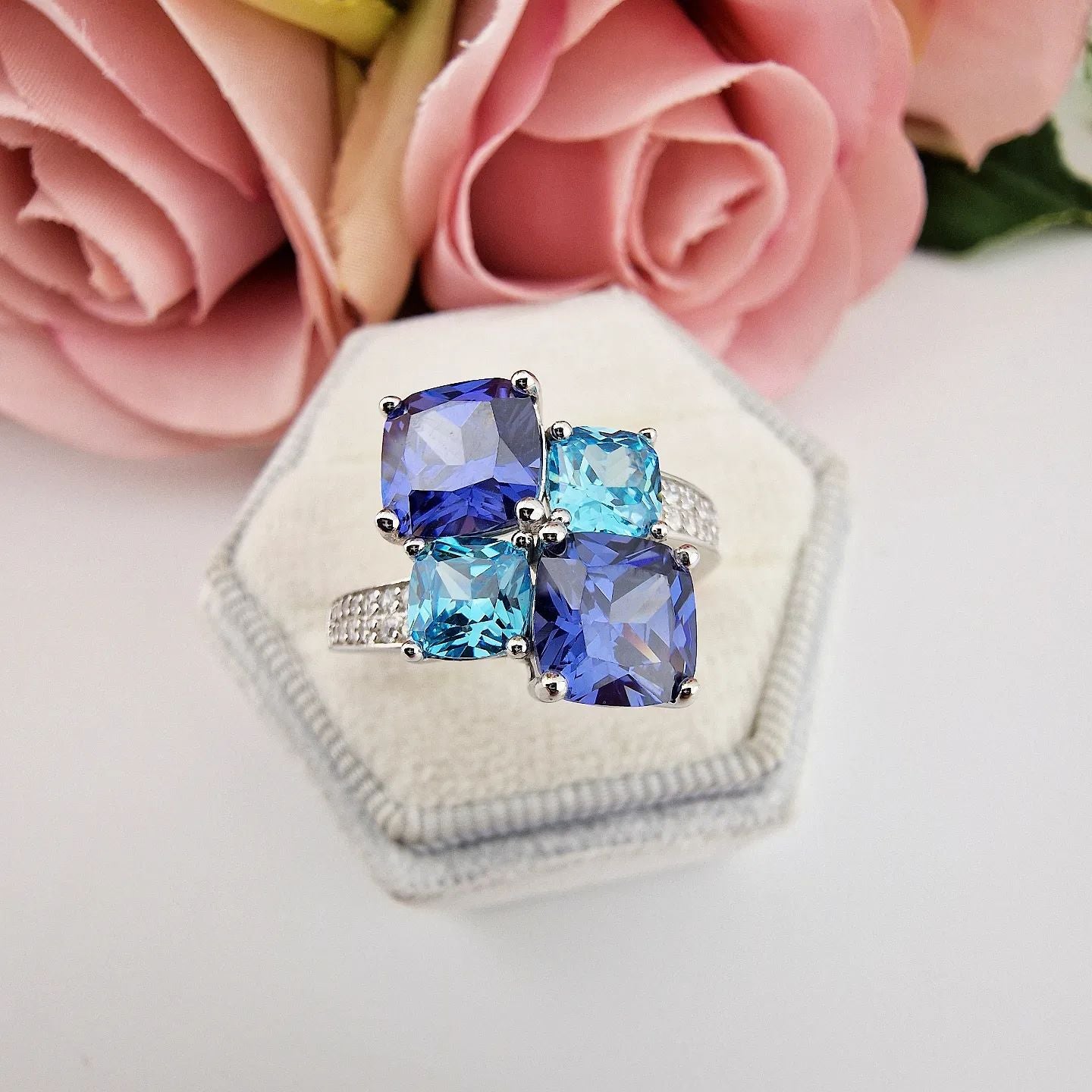 925 Sterling Silver Tanzanite & Aqua Cubic Zirconia Fancy Dress Ring