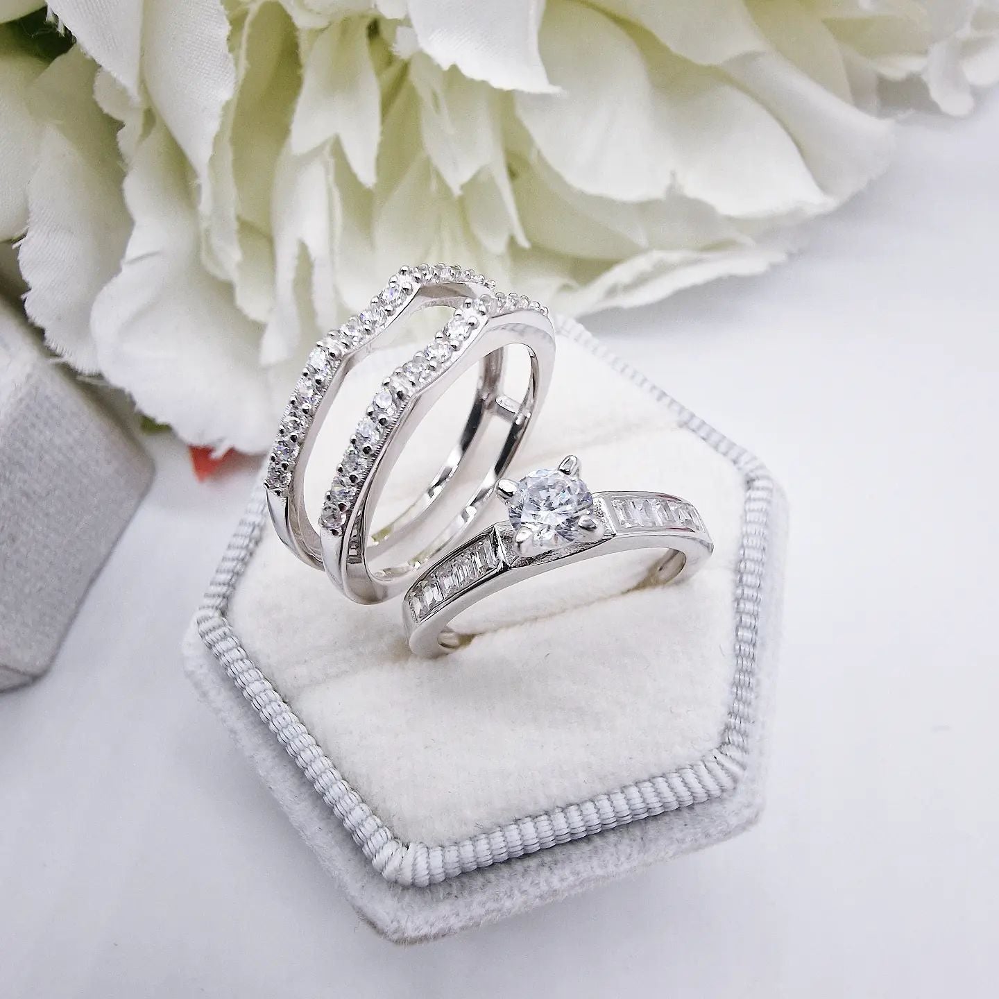 925 Sterling Silver Cz Slot In 3 Piece Ring Set